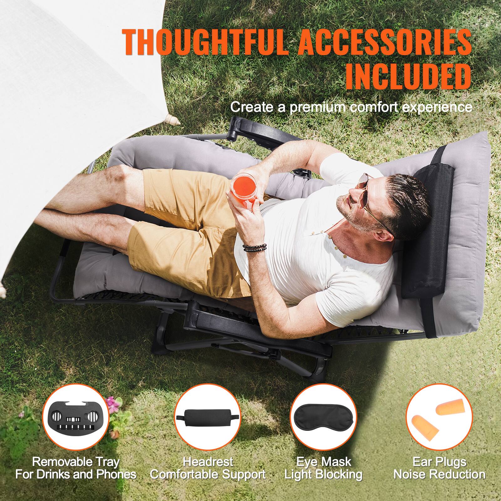 THOUGHTFUL ACCESSORIES INCLUDED  
Create a premium comfort experience  

- Removable Tray For Drinks and Phones  
- Headrest Comfortable Support  
- Eye Mask Light Blocking  
- Ear Plugs Noise Reduction