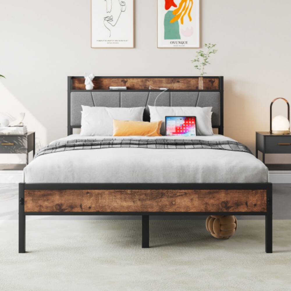 Angle. LUCKY ONE - Full Size Bed Frame with Storage Headboard, USB Charging Station, Upholstered Design, Metal Slats, No Box Spring Needed - Black.