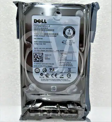 DELL Constellation.2
HDD S/N: BXG6PBHB
P/N: 9RZ288-150
MODEL NUMBER: "STR100064088*
Site: KRATSG
WWN: 5000C50058A0BE14
Config Code: 1343
ENTERPRISE CLASS TB CERTIFIED
DELL BY Serial Attached SCSI
RATED: +5V 1.0 A +12V 0.20 A
HDD Mfg by Seagate Technology LLC
DOM: 04/2014
Made in TH
OP/N 09W5WV
SAS 6 Gbpa
1 TB
7.2K
F/W AS09
WARRANTY VOID IF ANY LABEL/SCREW IS REMOVED OR BROKEN.
TUM 20 LR IC E145123
STX-ST91000640S6
N176
LEDEES CE 033027
European Regulatory Address: Seagate Technology
Koolhovenla