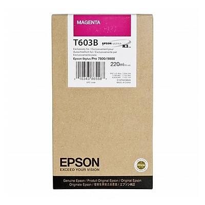 MAGENTA T603B EPSON ULTRA 3  
Exclusively for Epson Stylus Pro 7800/9800  
220ml  

EPSON  
EXCEED YOUR VISION  
Genuine Epson / Produit Original Epson / Original Epson  
10343 86558 1  
C137603800