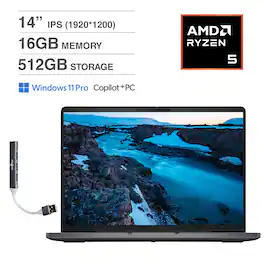 Dell - Pro PC14255 Laptop 14.0 WUXGA (AMD Ryzen 5 220, 16GB DDR5, 512GB M.2 PCIe SSD, Win 11 Pro) w/USB Hub - Black