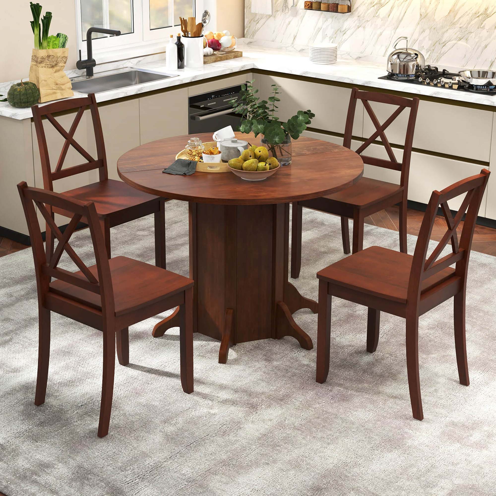 Back. Costway - 42" Wooden Kitchen Table Round Dining Table with Pedestal Base for 4-6 People - Brown.