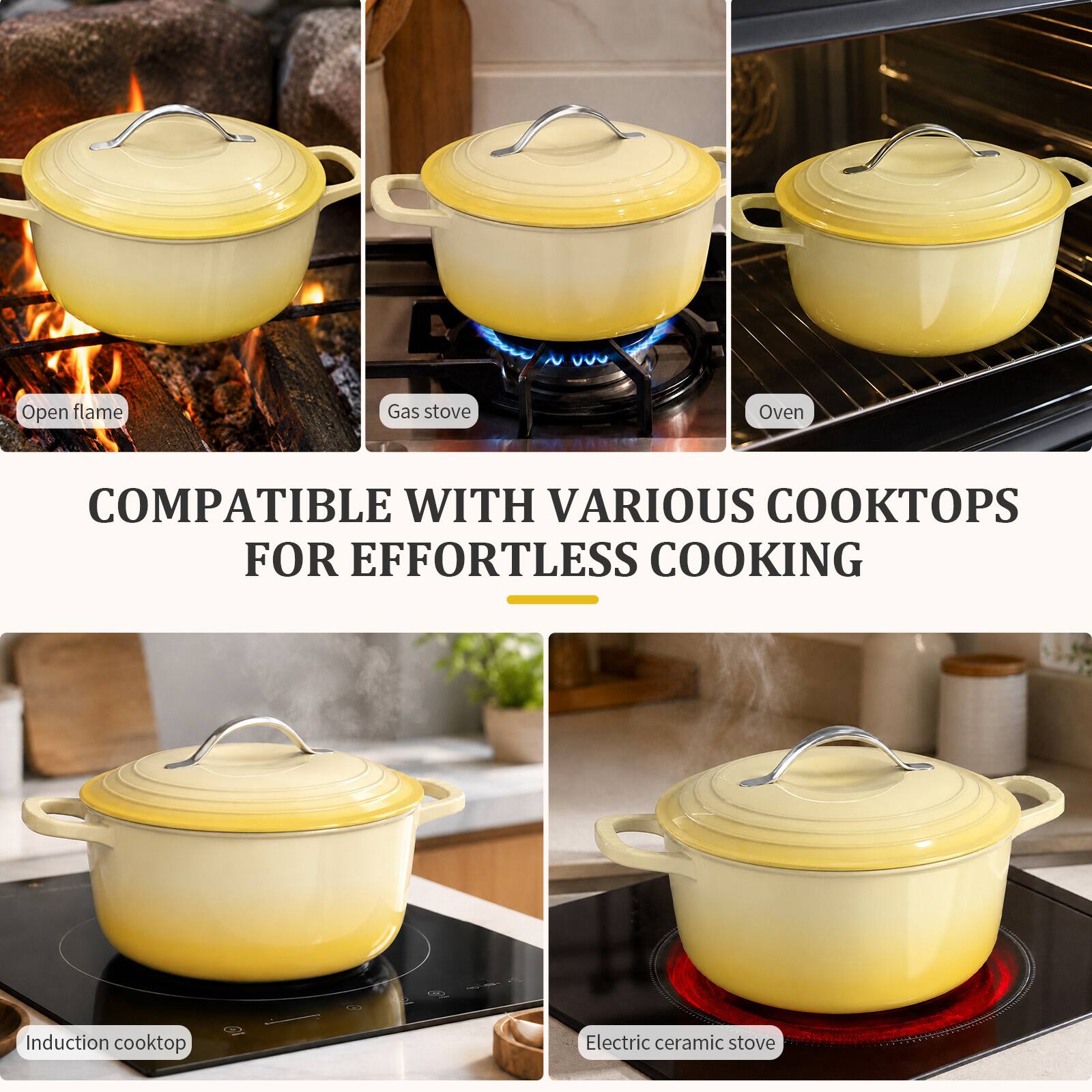 Open flame  
Gas stove  
Oven  
COMPATIBLE WITH VARIOUS COOKTOPS FOR EFFORTLESS COOKING  
Induction cooktop  
Electric ceramic stove