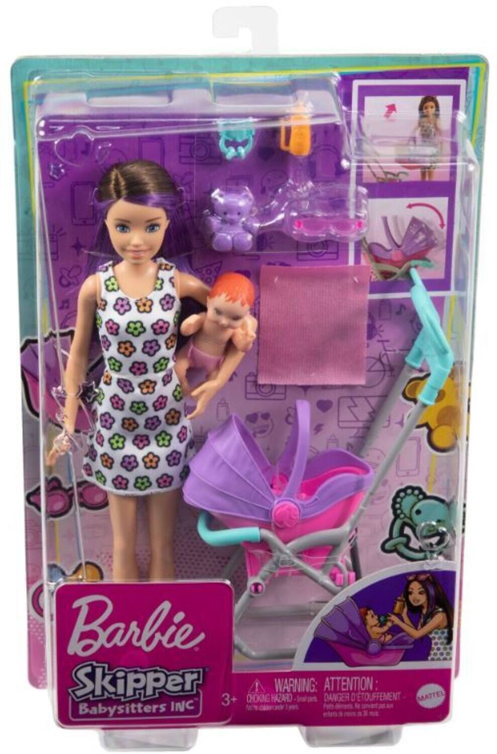 Barbie Skipper  
Babysitters Inc  

WARNING: ATTENTION:  
CHOKING HAZARD - Small parts. Not for children under 3 years.  
DANGER D'ÉTOUFFEMENT - Petits pièces. Ne convient pas aux enfants de moins de 3 ans.  

3+