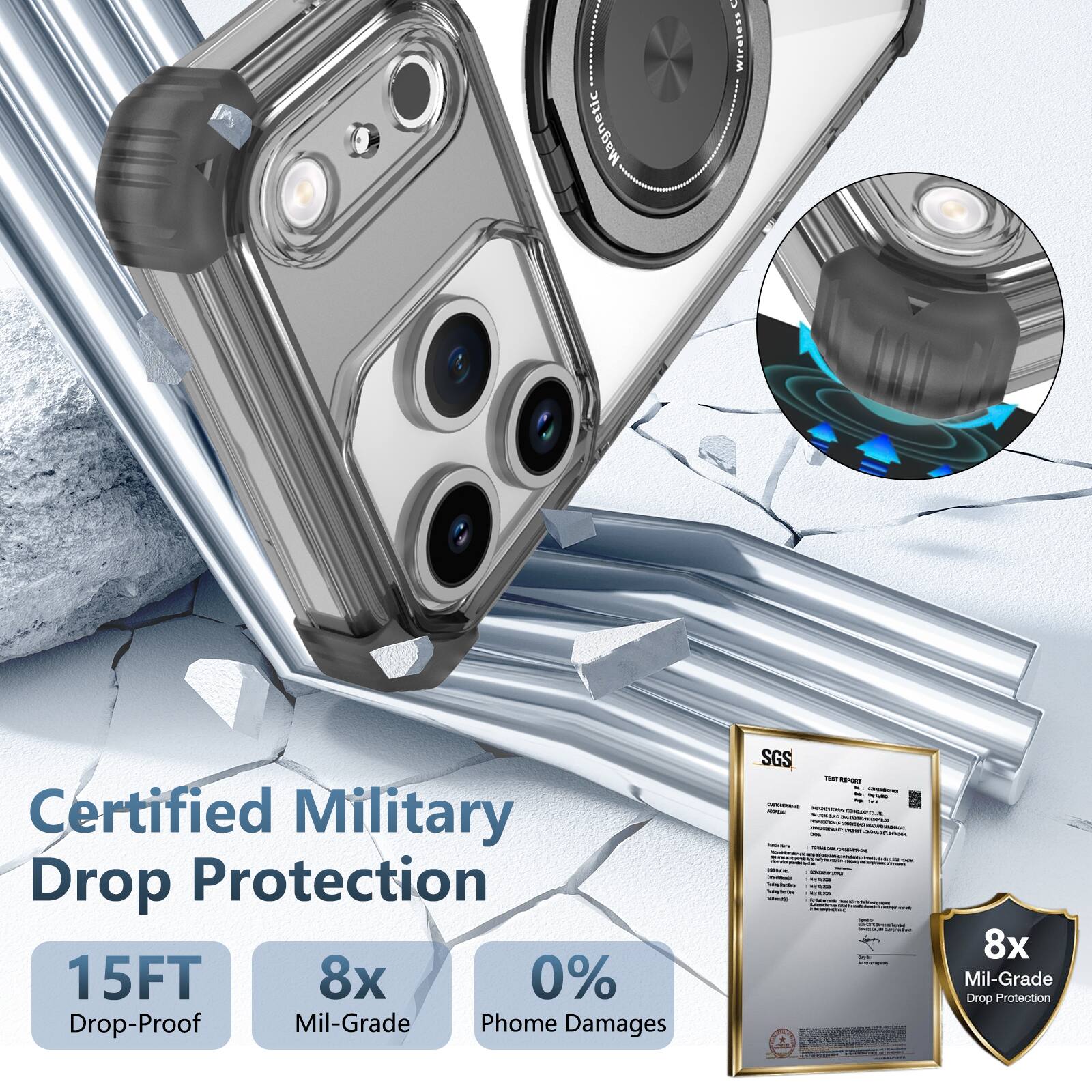 A Magnetic Wireless Certified Military Drop Protection 15FT 8x 0% Drop-Proof Mil-Grade Phone Damages SGS FeeT - 8x Mil-Grade Drop Protection