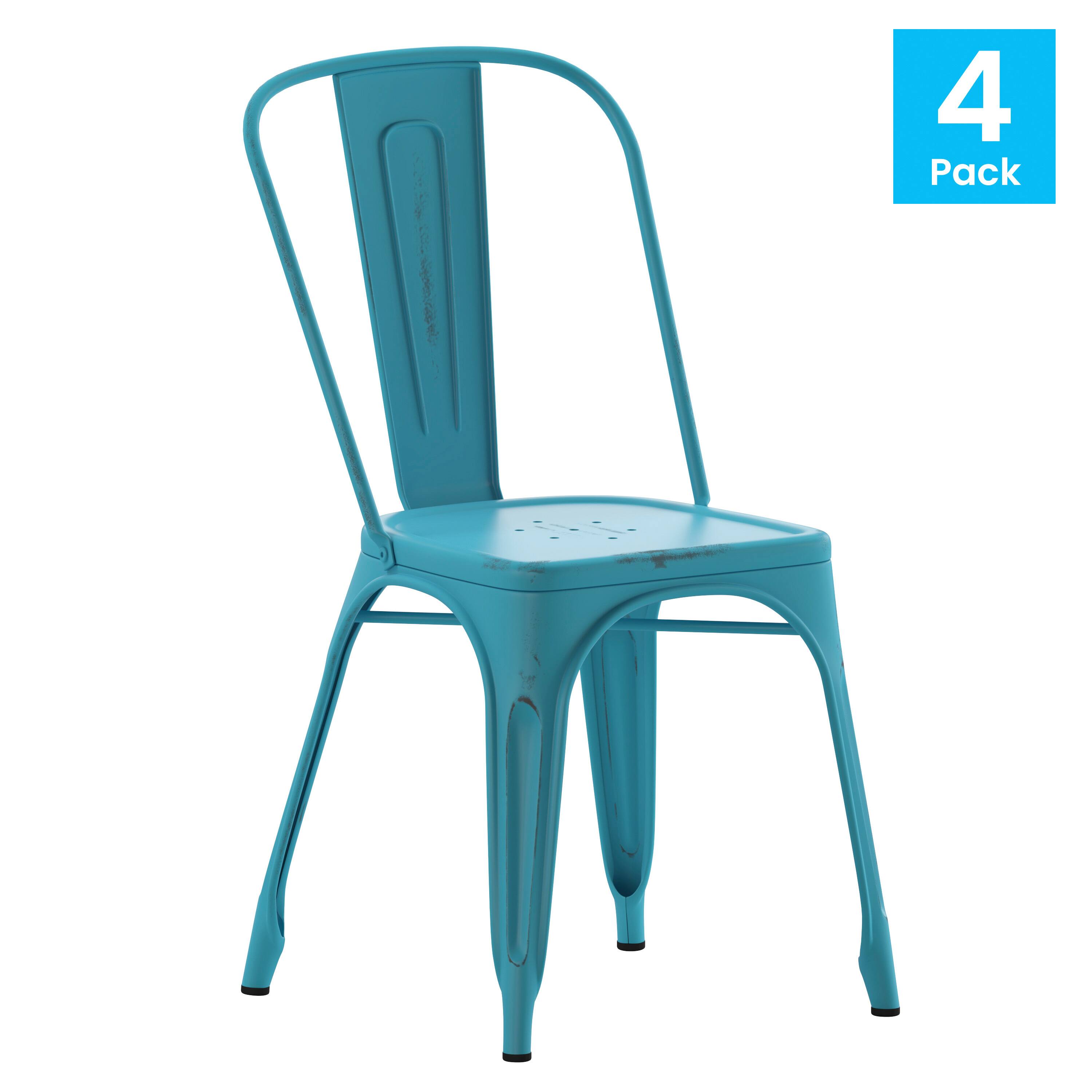 Alt View 1. Emma + Oliver - Commercial Grade 4 Pack Distressed Metal Indoor-Outdoor Stackable Chair - Blue.