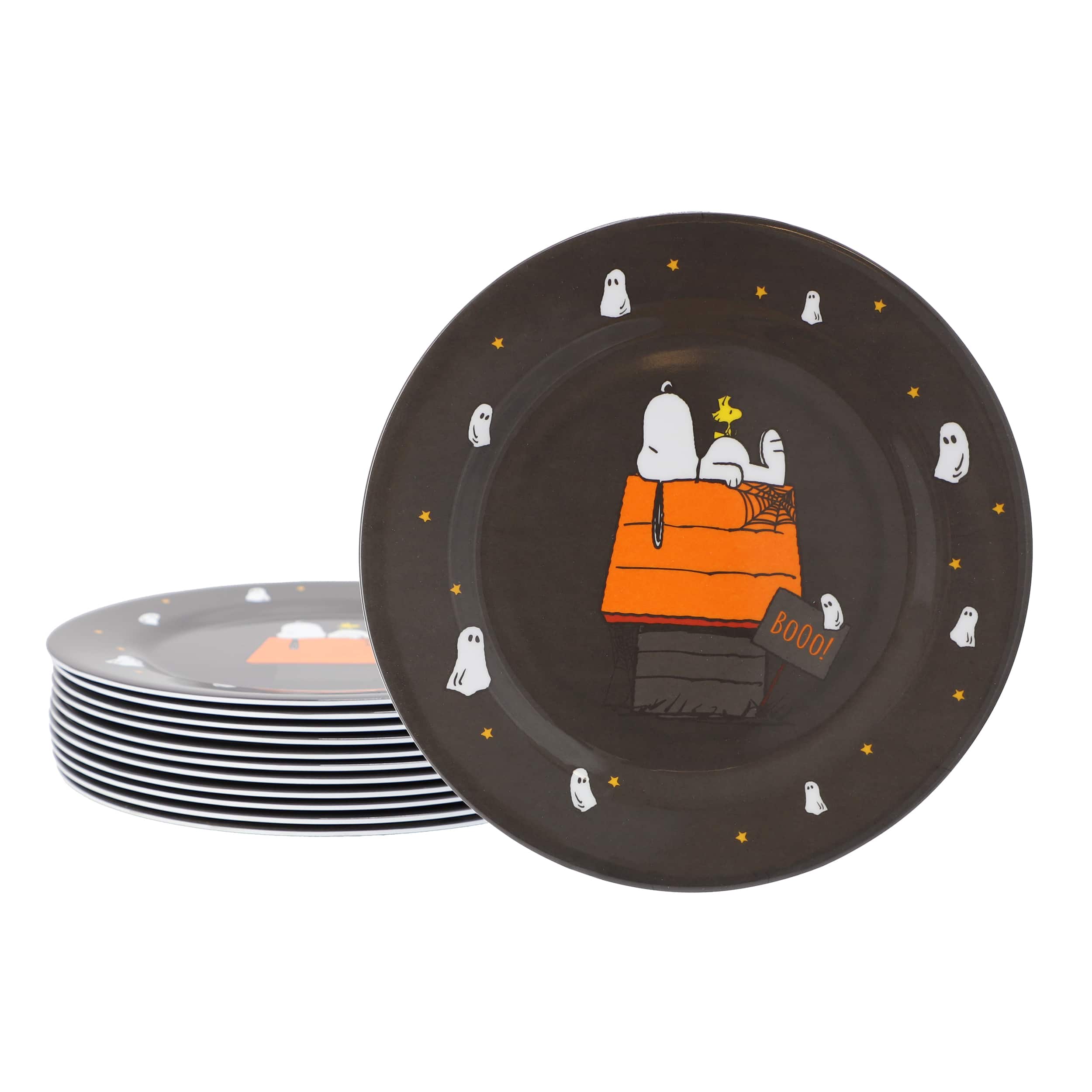 Mr. Coffee - Peanuts Snoopy Pumpkin 12 Piece Melamine 10.5 Inch Dinner Plate Set - Black