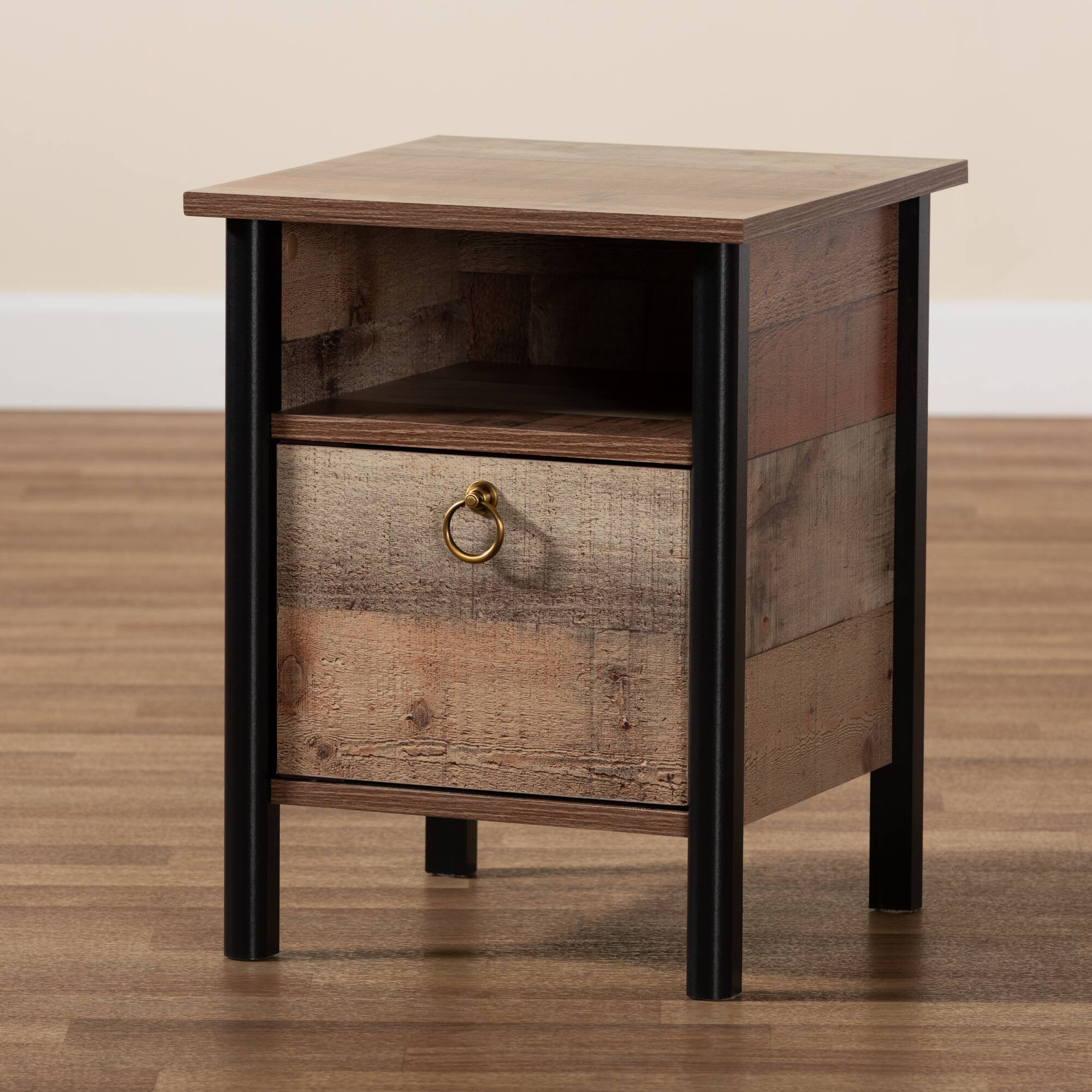 Alt View 4. Baxton Studio - Vaughan Modern and Contemporary Rustic Finished Wood Nightstand - Oak Brown/Black.