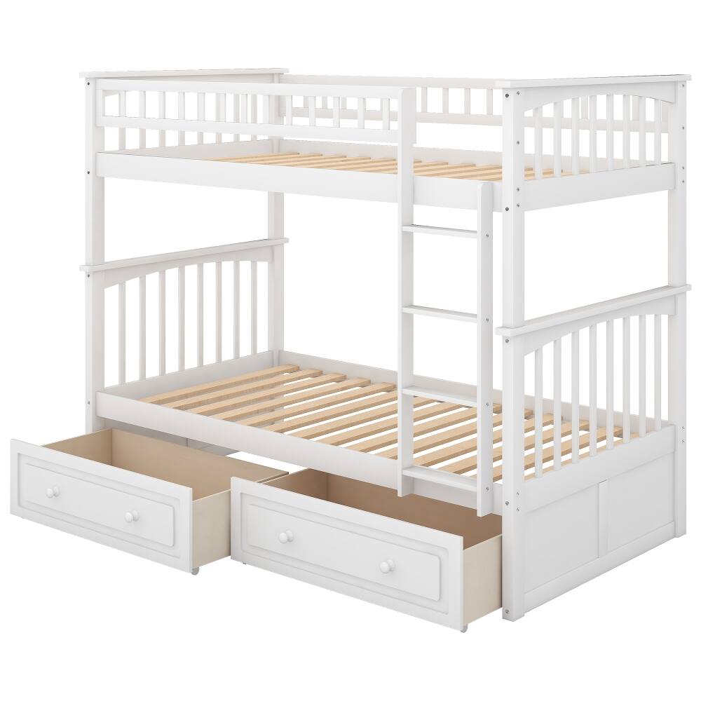 Alt View 3. Loheer - Loheer Twin Over Twin Bunk Bed with Drawers, Convertible Solid Wood White Bunk Bed - White.