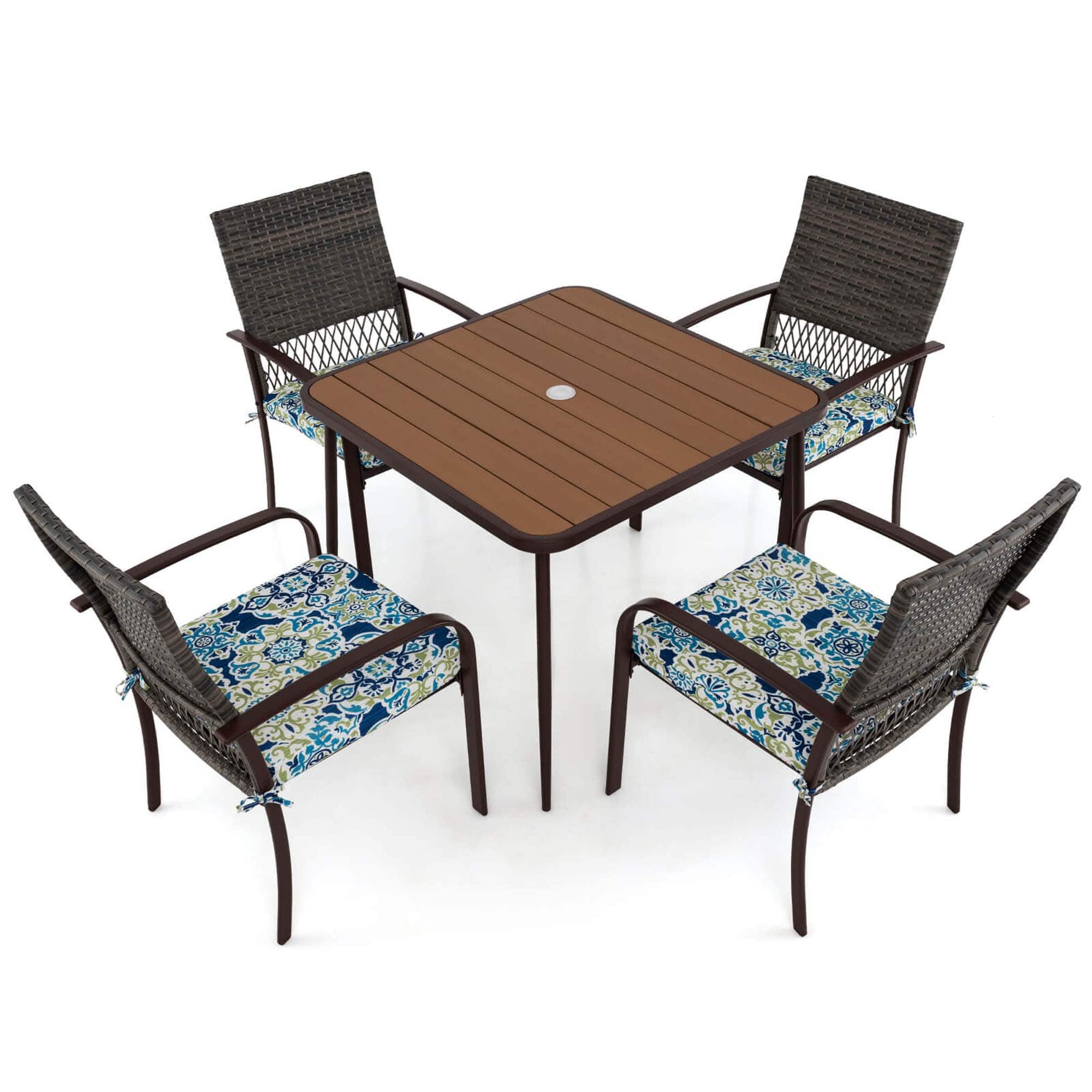 Costway - 5 Pieces Patio Dining Set, 4 Cushioned Rattan Armchairs & Square Table - Brown