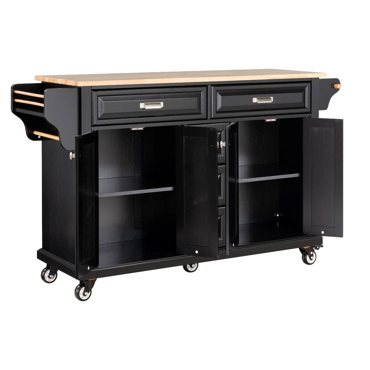 Left. Loheer - Loheer Black Kitchen Island with Storage Cabinet Rubberwood Countertop Kitchen Cart 5 Drawers Dining Room - Black.