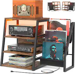 Aheaplus - 4-Tier Media Stand with Vinyl Storage, Power Outlets & LED Lights - Brown