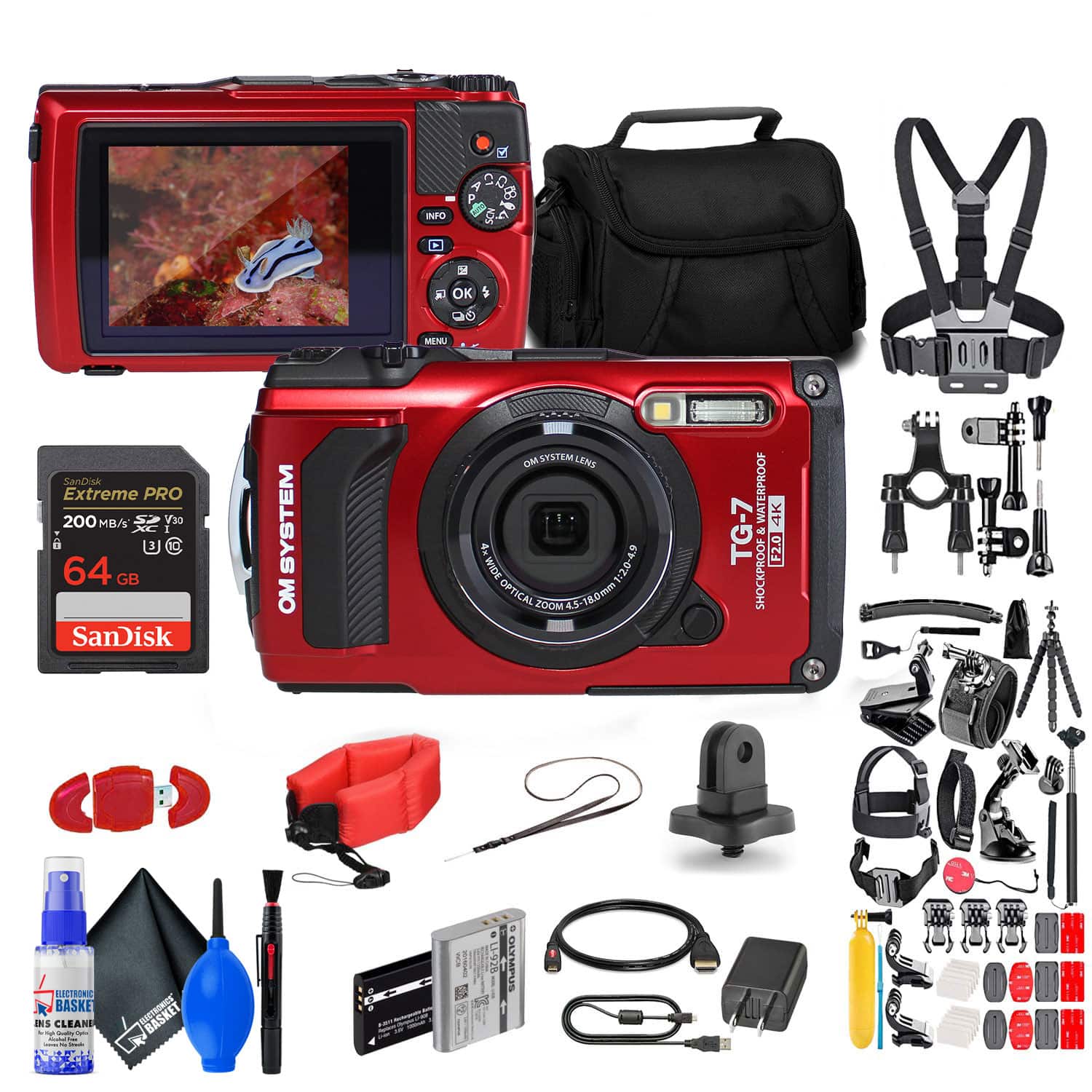 OM System - Tough TG-7 Waterproof Camera with 50 Piece Accessory Kit + Extra Battery + More - Red