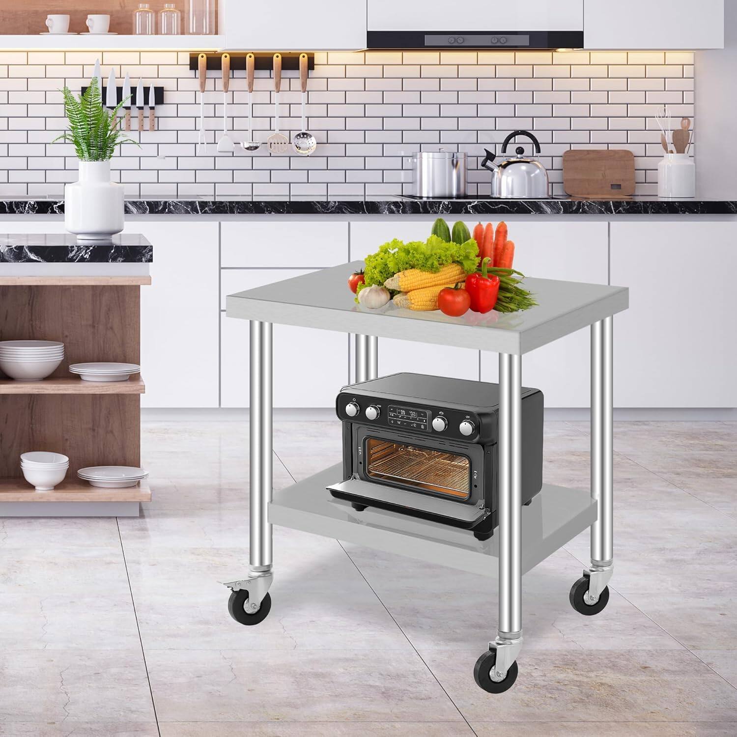 Angle. Acekool - 24"x36" Stainless Steel Work Table with Wheels, Adjustable Undershelf & Galvanized Legs for Commercial Use，With wheels - Silver.