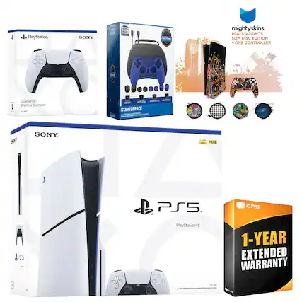 - PlayStation SONY
- DualSense Wireless Controller for PS5
- PlayStation 5 Slim Disc Edition
- STARTERPACK
- mightyskins PLAYSTATION 5 SLIM DISC EDITION + ONE CONTROLLER
- 1-YEAR EXTENDED WARRANTY
- 4K 120 HDR
- CPS