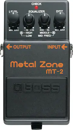 CHECK
LEVEL
EQUALIZER
DIST
MIN MAX
-15 +15
HIGH LOW
200 5k
MIDDLE
MID FREQ
MIN MAX
OUTPUT
INPUT
Metal Zone
MT-2
BOSS