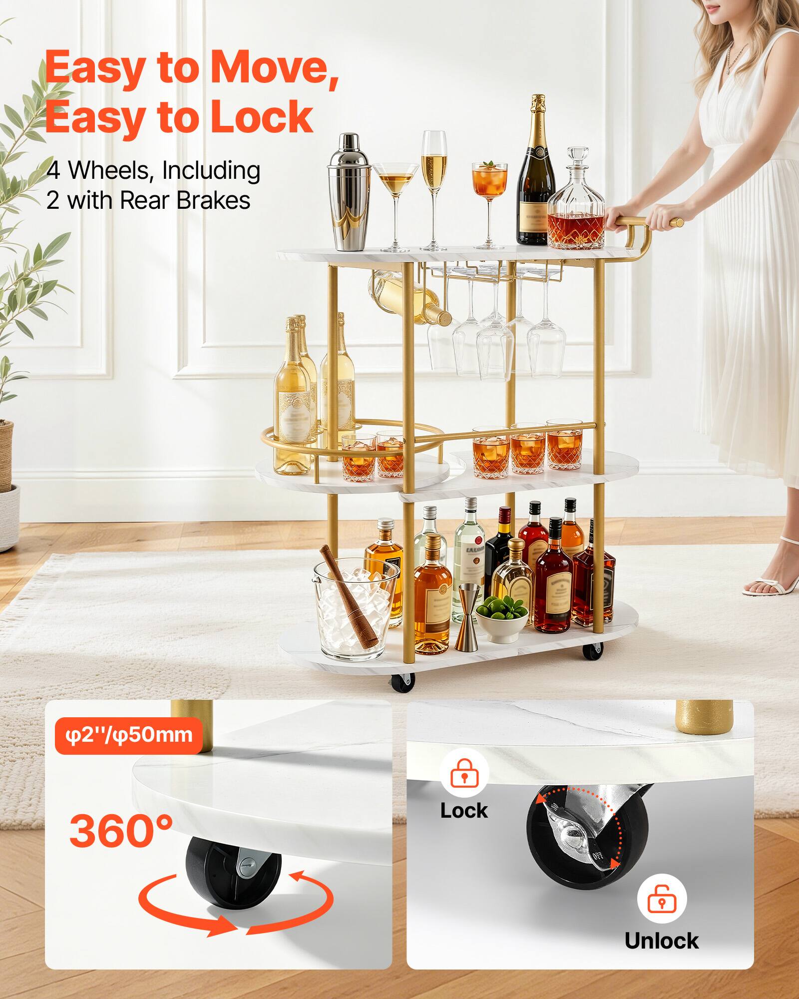 Easy to Move, Easy to Lock  
4 Wheels, Including 2 with Rear Brakes  
2"/50mm  
360° Lock  
Unlock