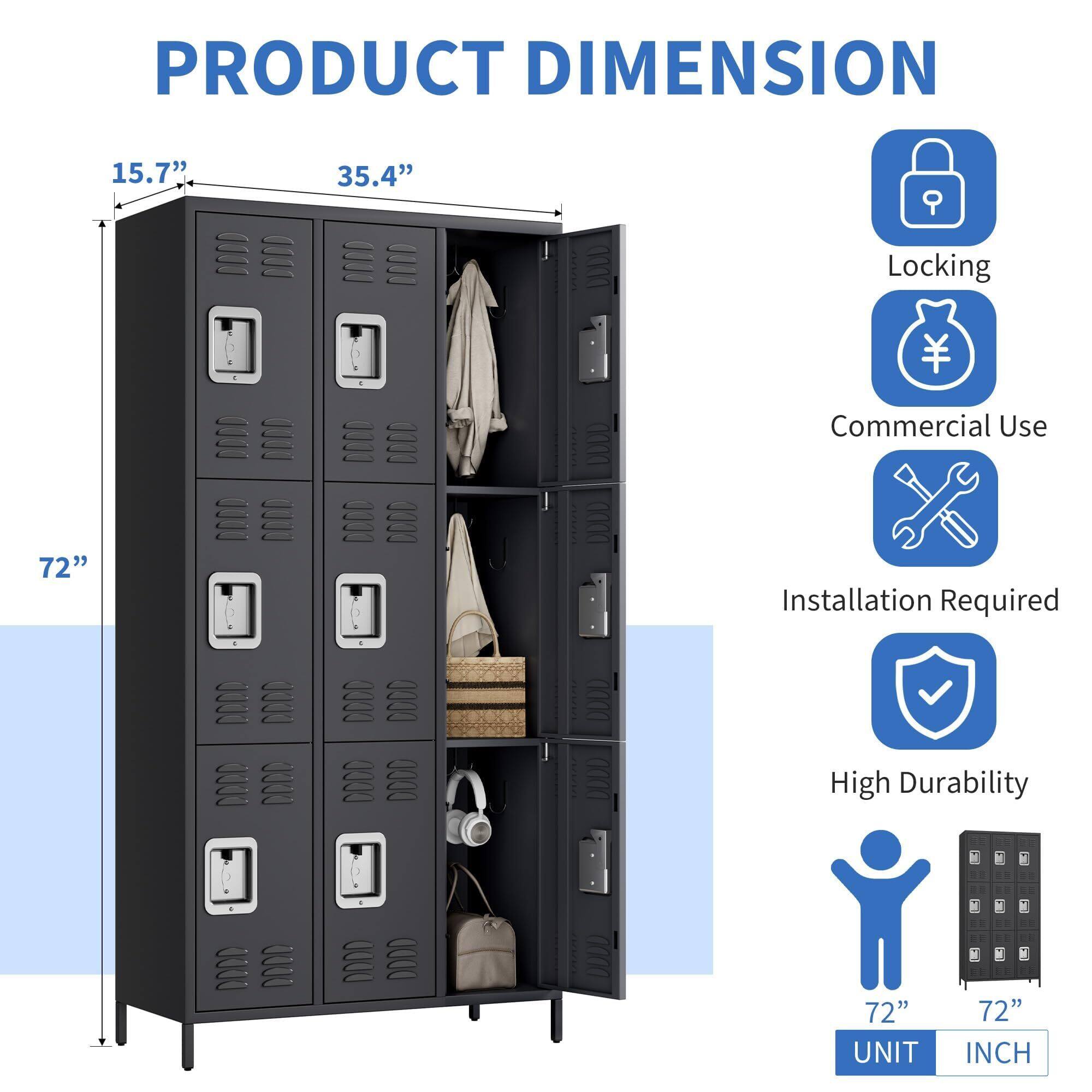PRODUCT DIMENSION

15.7"  
35.4"  
72"

Locking  
Commercial Use  
Installation Required  
High Durability  

72" UNIT  
72" INCH