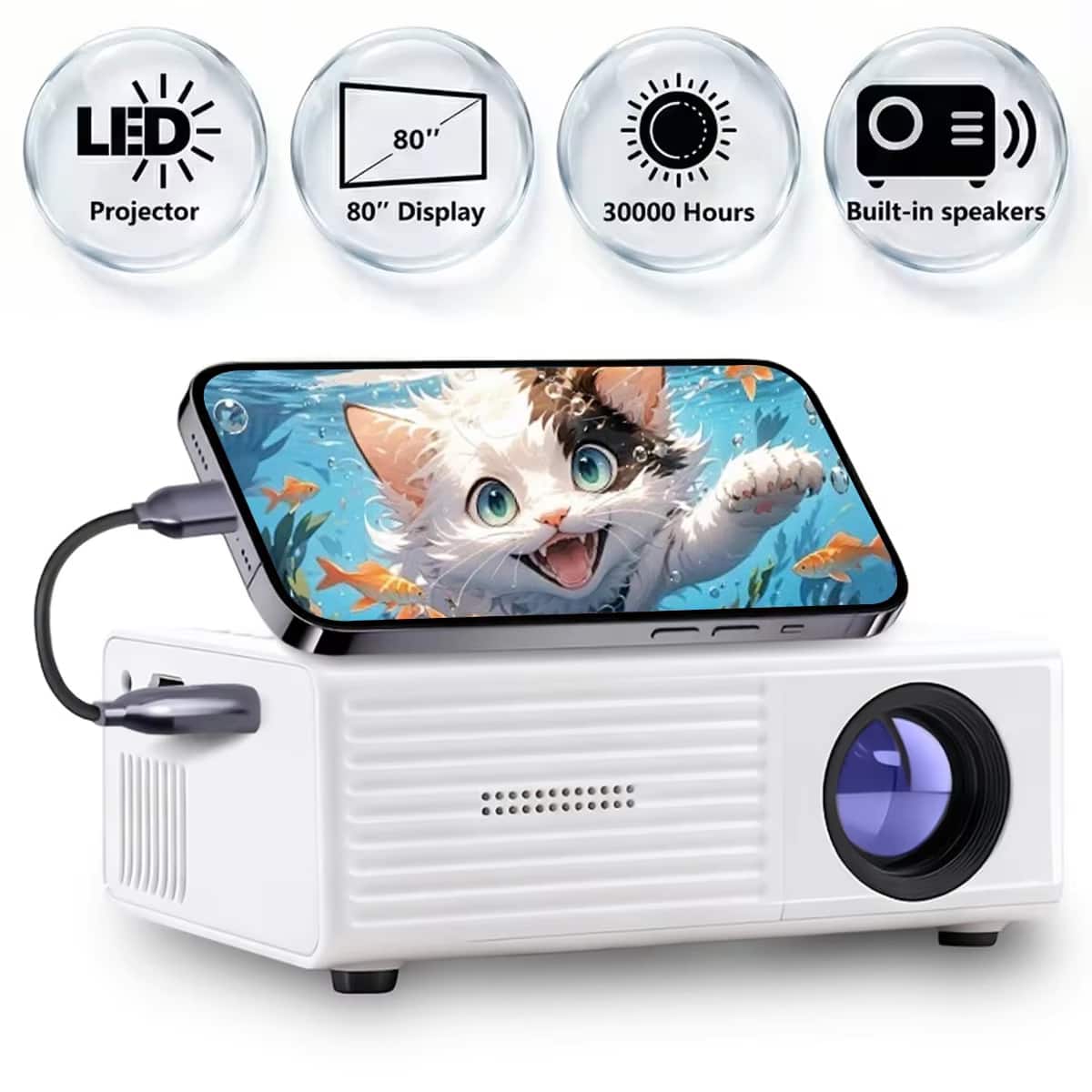 Luckbyte - Compact Portable Movie Projector with 800:1 Contrast, Manual Focus, Triple AV Connectivity & Remote Control – Gray - White