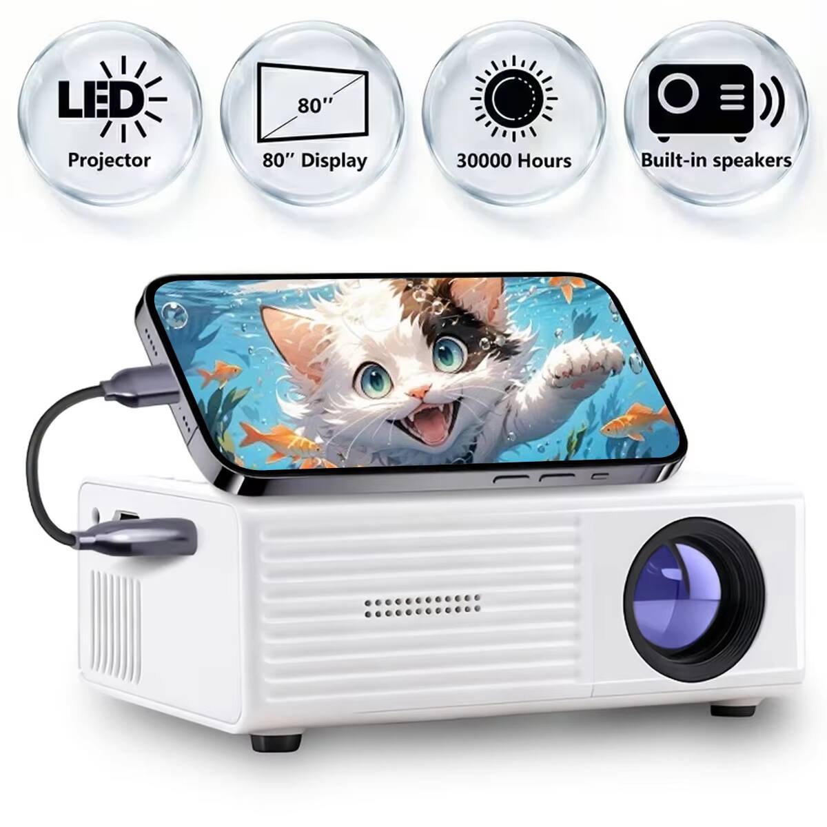 LED Projector  
80" Display  
30000 Hours  
Built-in speakers