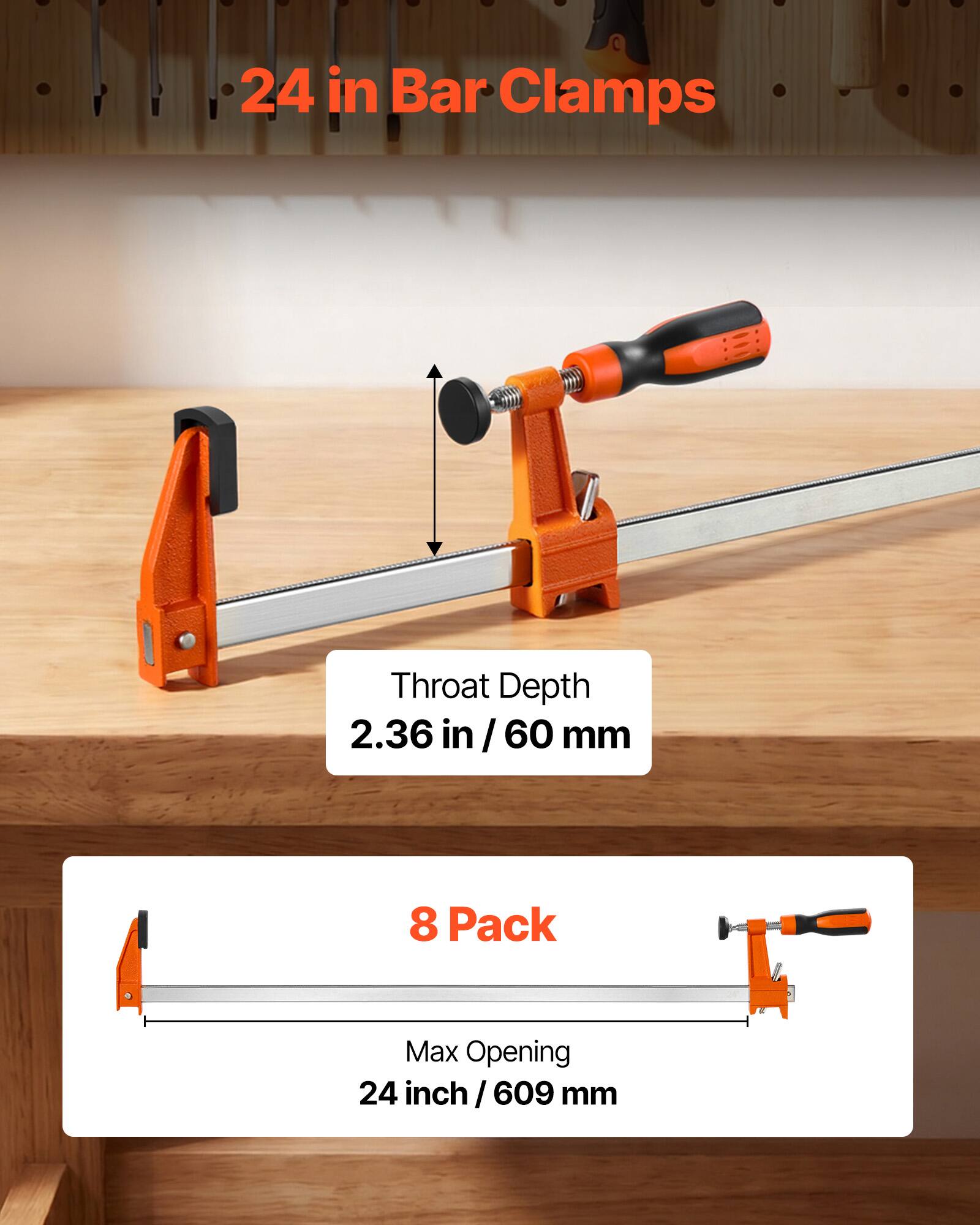 24 in Bar Clamps  
Throat Depth: 2.36 in / 60 mm  
8 Pack  
Max Opening: 24 inch / 609 mm