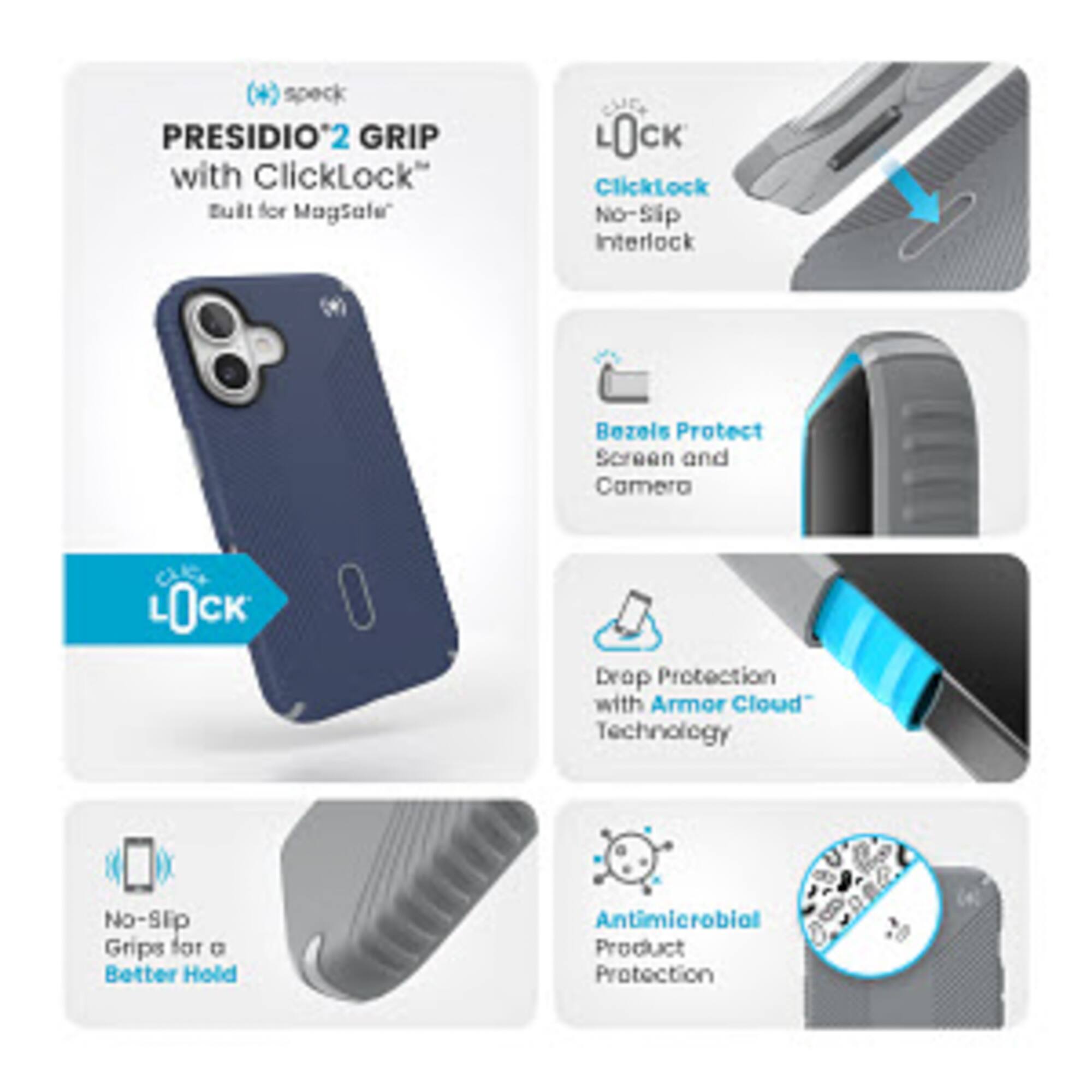Presidio 2 Grip with ClickLock: Tuil for Magsale CUEA 0CK ClickLock No-Sip Interlock Bezels Protect Screen and Camera L0CK Drop Protection with Armor Cloud Technology No-Slip Grips for a Better Hold Antimicrobial Product Protection.