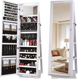 JUJABU - 360° Swivel Jewelry Cabinet Organizers with Full Length Mirror Best Gift for Girls - White