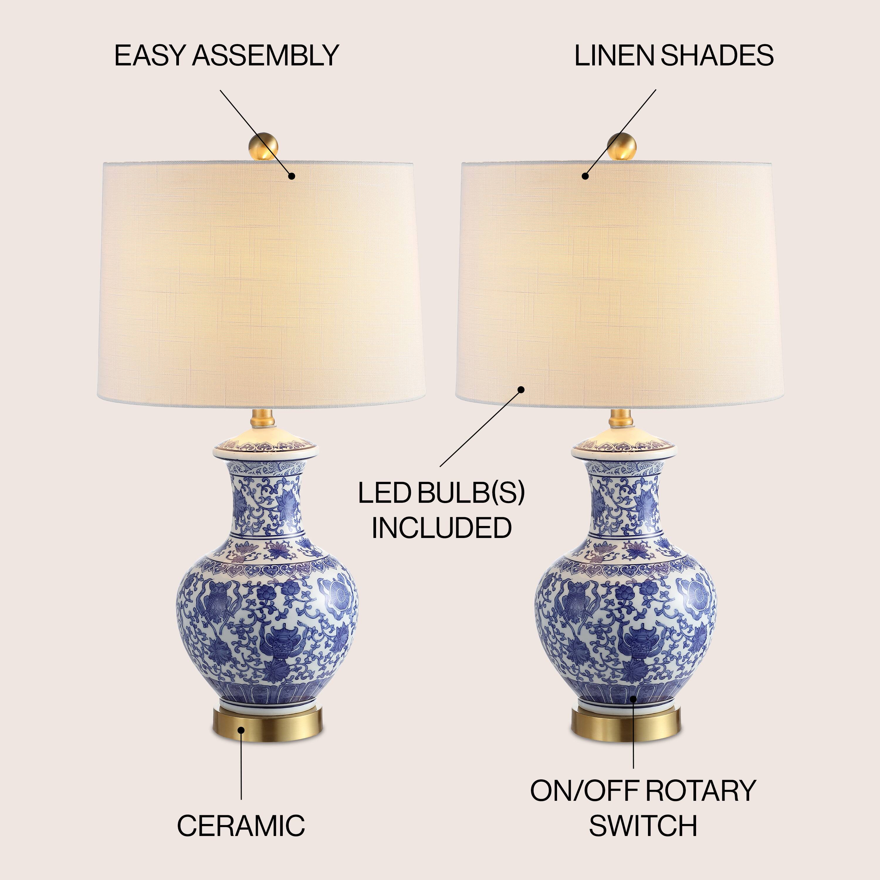 EASY ASSEMBLY  
LINEN SHADES  
LED BULB(S) INCLUDED  
CERAMIC  
ON/OFF ROTARY SWITCH