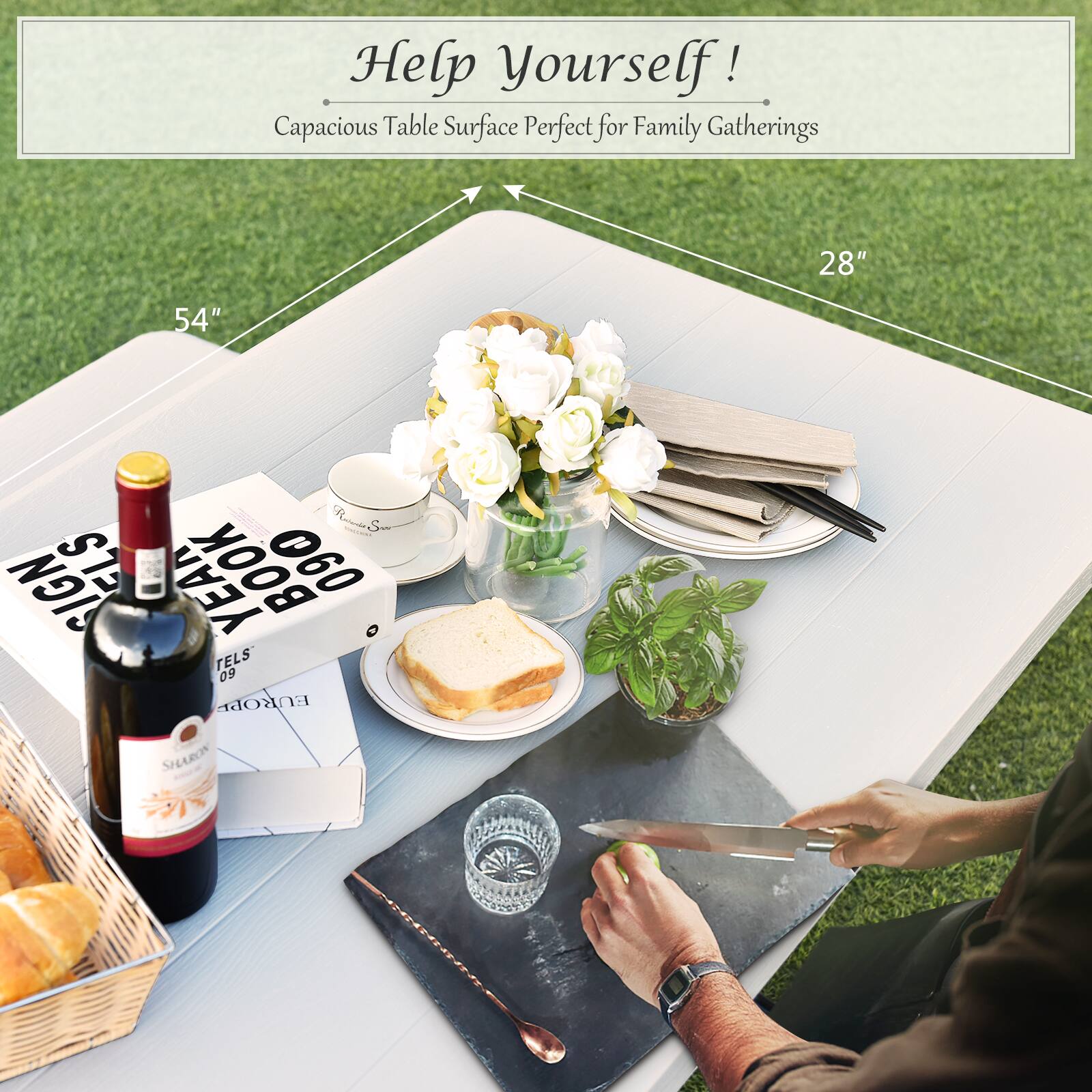 Help Yourself!  
Capacious Table Surface Perfect for Family Gatherings  
28" x 54"