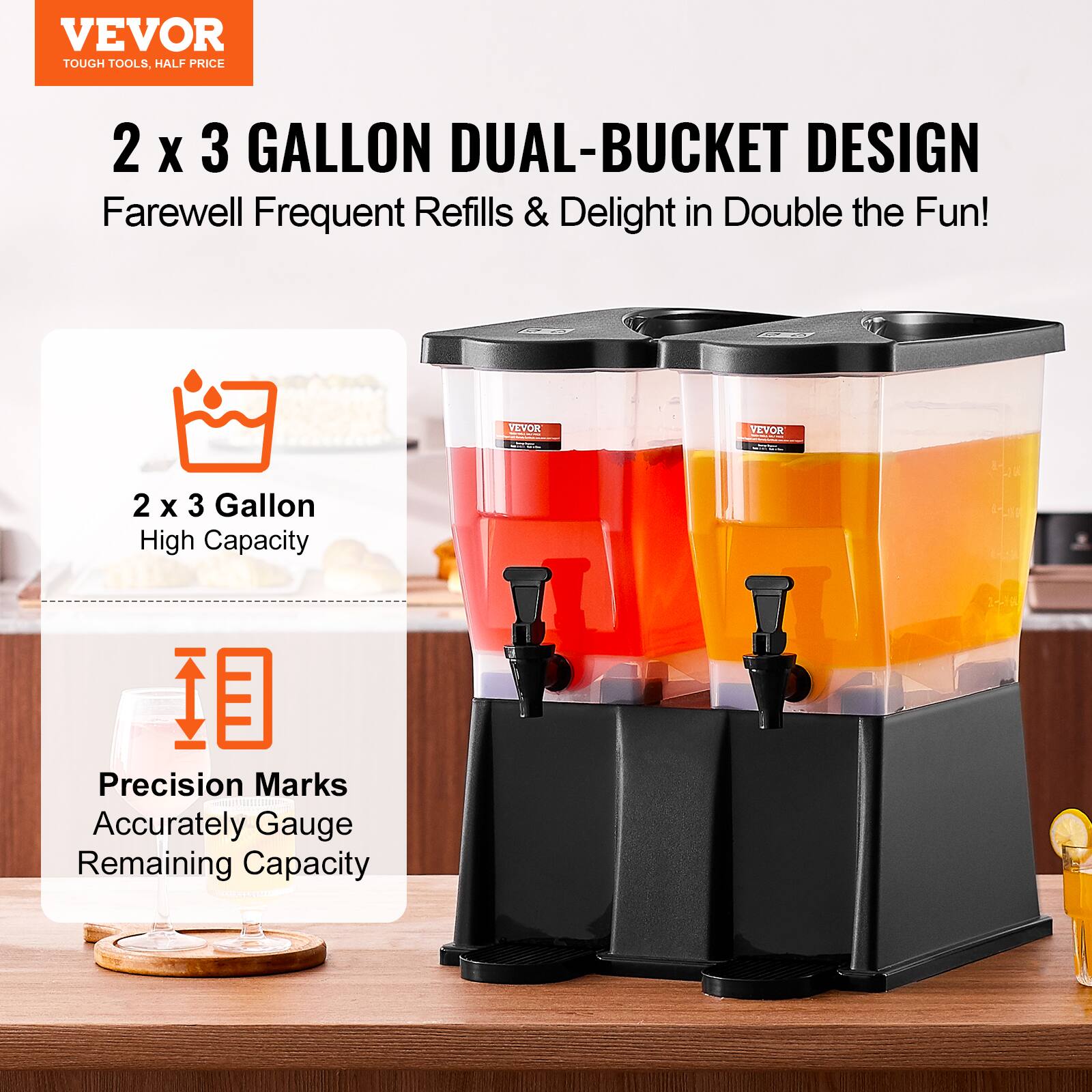 VEVOR  
TOUGH TOOLS, HALF PRICE  

2 x 3 GALLON DUAL-BUCKET DESIGN  
Farewell Frequent Refills & Delight in Double the Fun!  

2 x 3 Gallon  
High Capacity  

Precision Marks  
Accurately Gauge Remaining Capacity