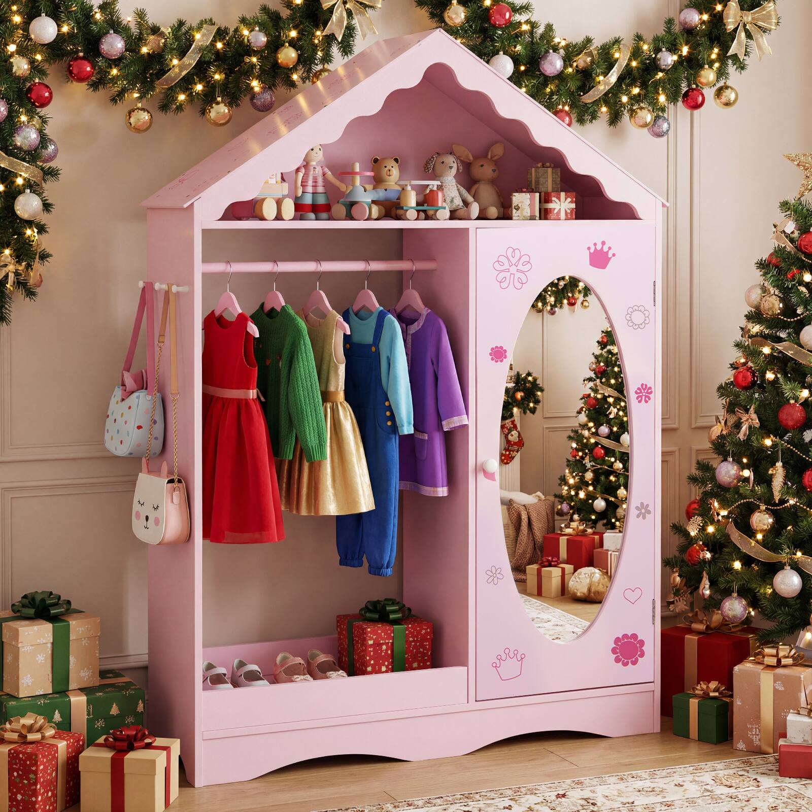 Alt View 4. Gymax - Gymax Kids Dress Up Storage w/ Mirror Roofed Wardrobe Closet w/ Open Hanging Rack Pink - Pink.