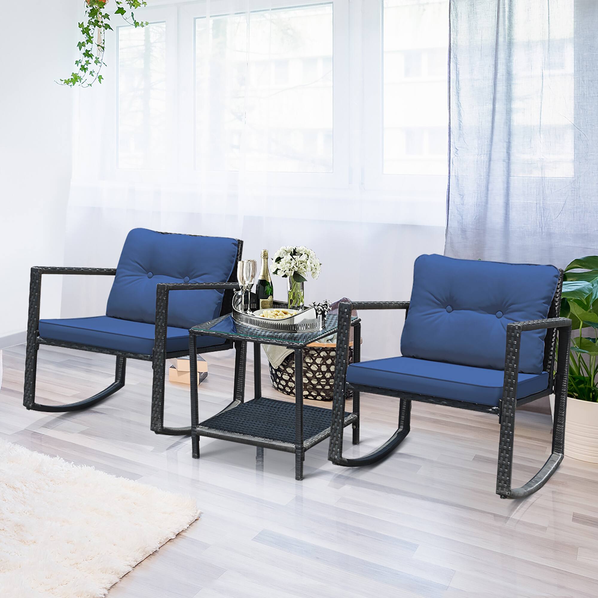 Alt View 6. Costway - 3PCS Patio Rattan Furniture Set Rocking Chairs Cushioned Sofa - Navy.