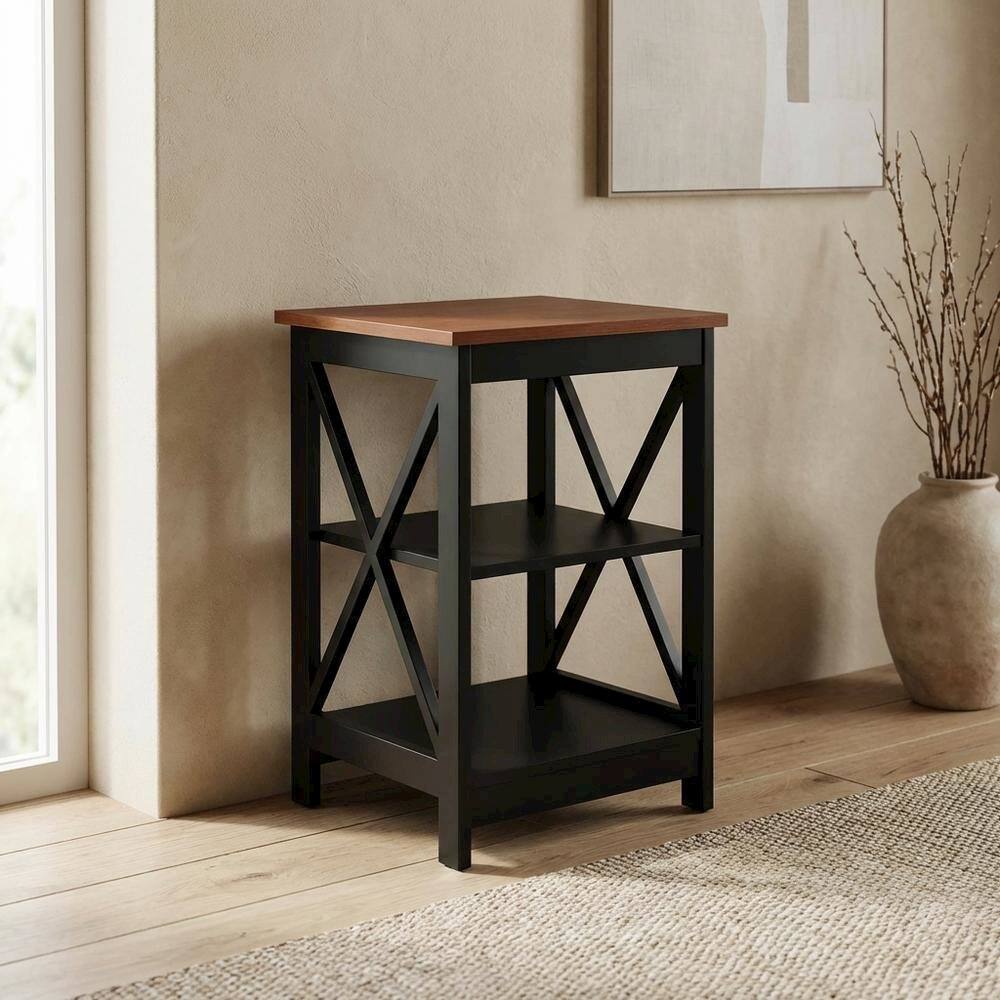 Back. FurniFact - Cherry finish end table with shelves and transitional coastal style - Black.