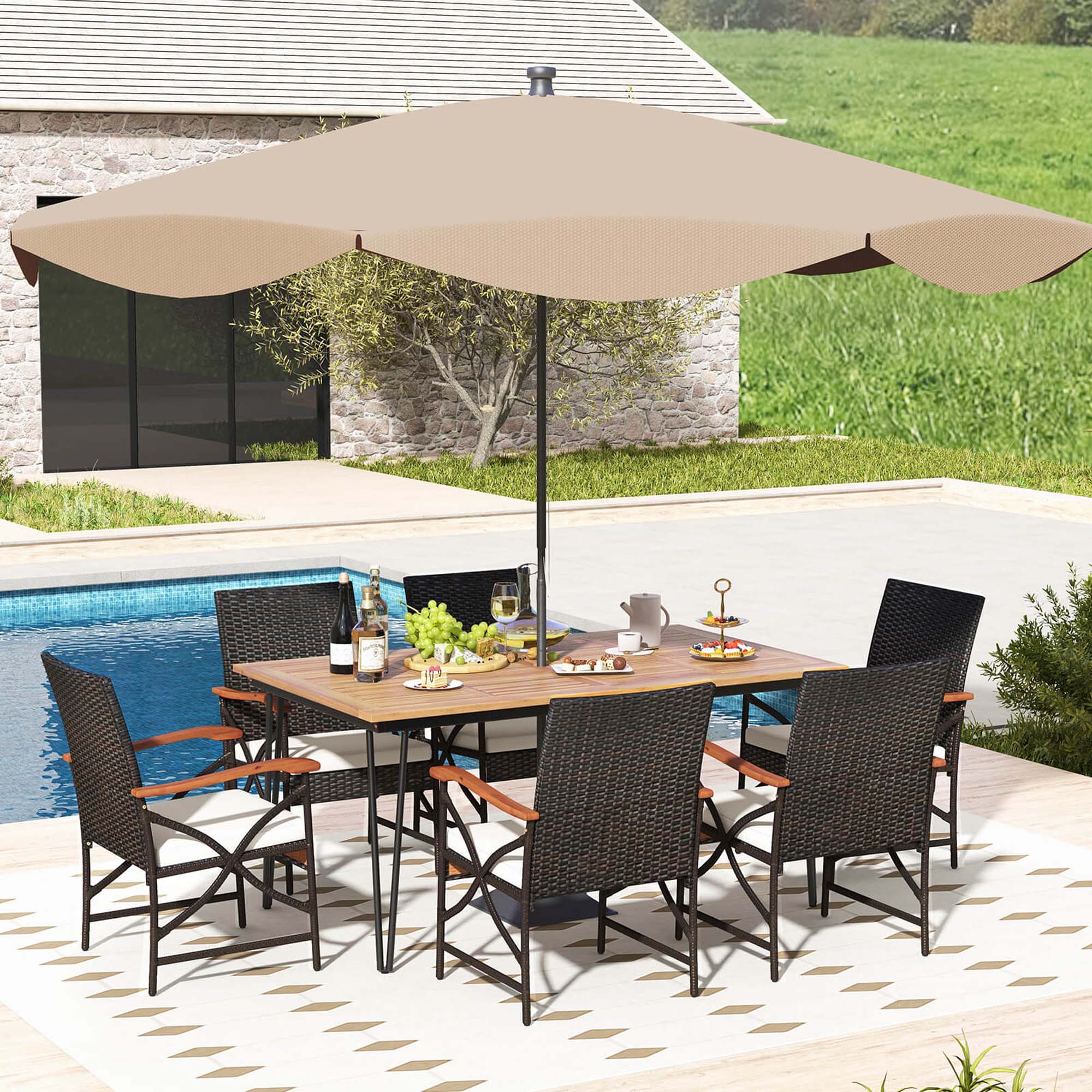 Alt View 1. Costway - 7 PCS Patio Dining Set with Acacia Wood Dining Table Rattan Armchairs Soft Cushions - Natural + Black.