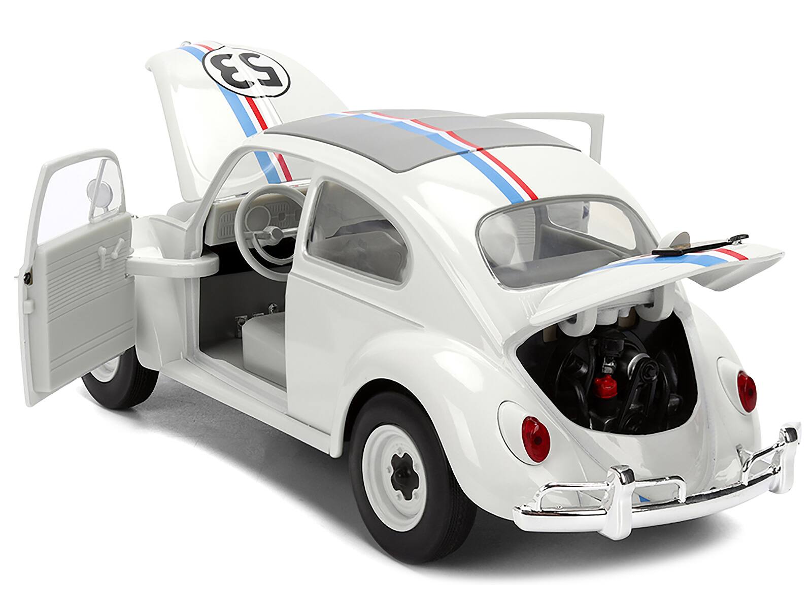 Alt View 3. Jada - Volkswagen Beetle #53 "Herbie" White with Stripes "The Love Bug" (1968) Movie with Extra Wheels 1/24 Model Car by Jada.