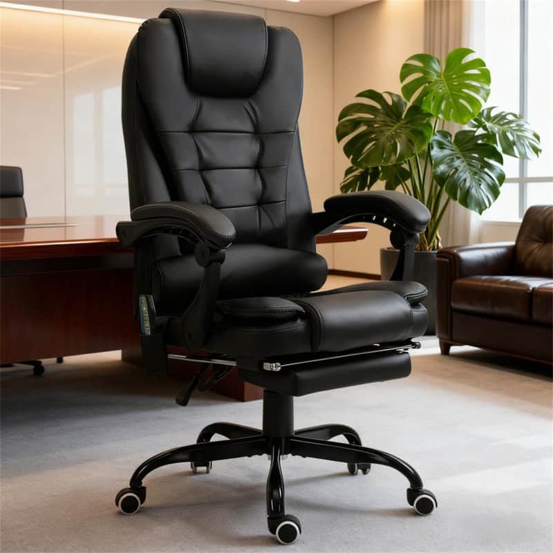 HTUTWOO - Massage Office Chair - High Back Executive Recliner with Lumbar Support, Footrest, Reclining Back, Adjustable Height - Black