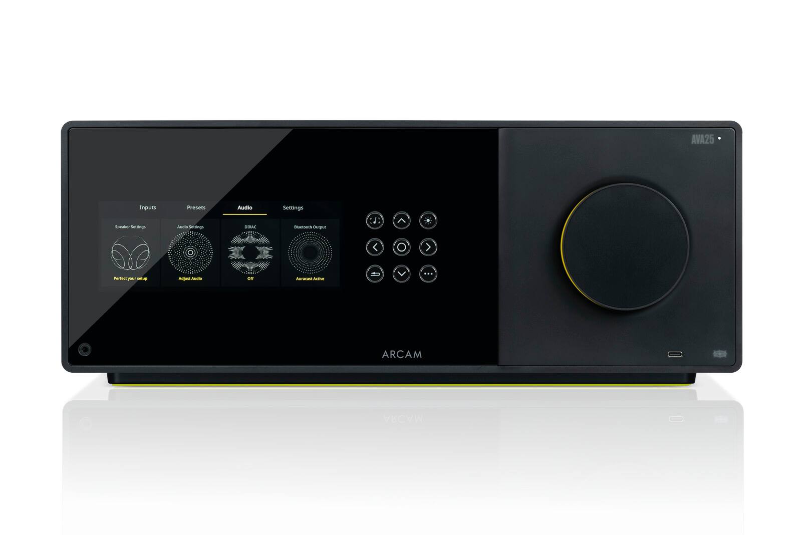 AVA25 Inputs Speaker Settings Presets Audio Settings Audio DIRAC Settings Bluetooth Output ... Parten - setup Adjust Audio on Auracast Active ... ARCAM
