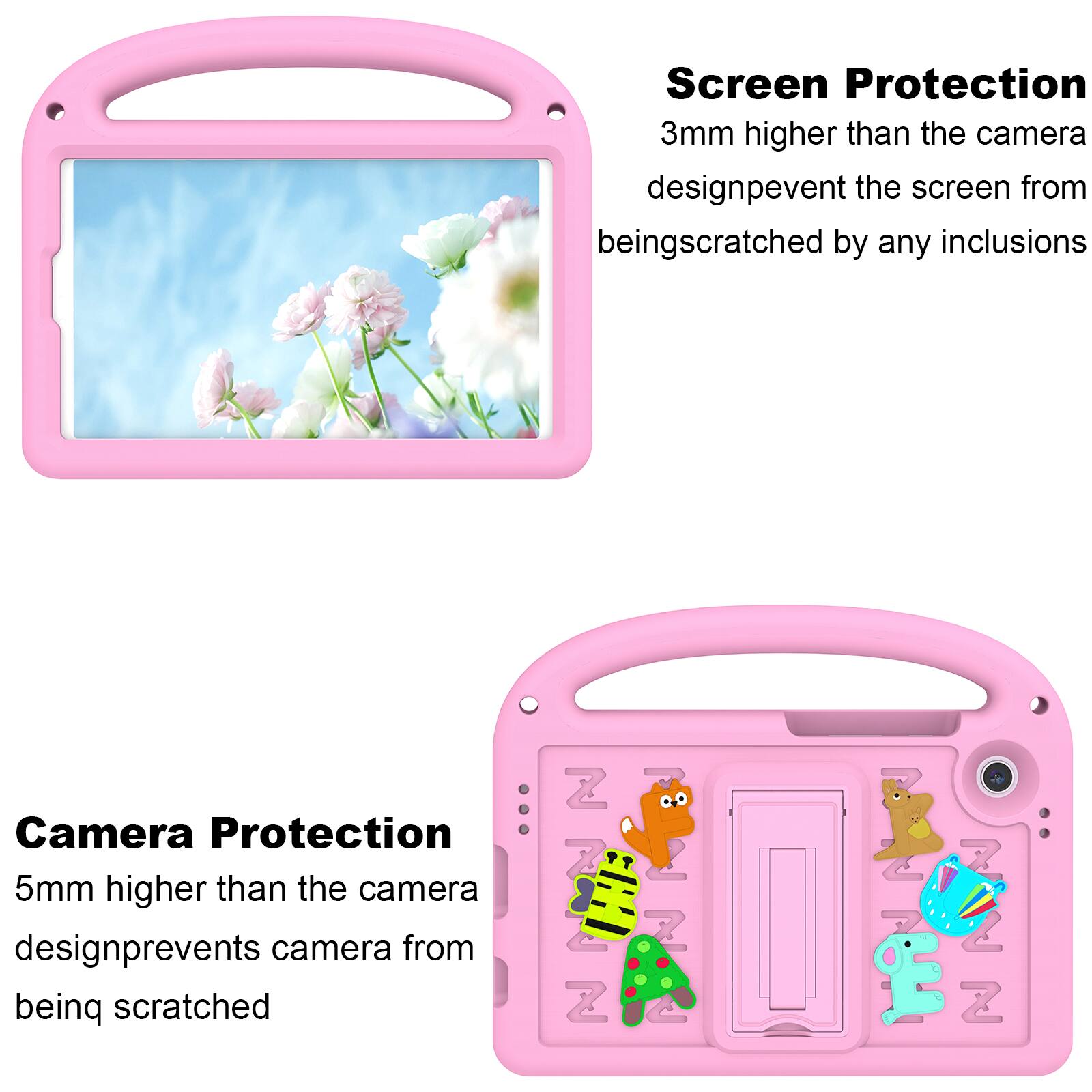 Screen Protection  
3mm higher than the camera design prevents the screen from being scratched by any inclusions

Camera Protection  
5mm higher than the camera design prevents camera from being scratched