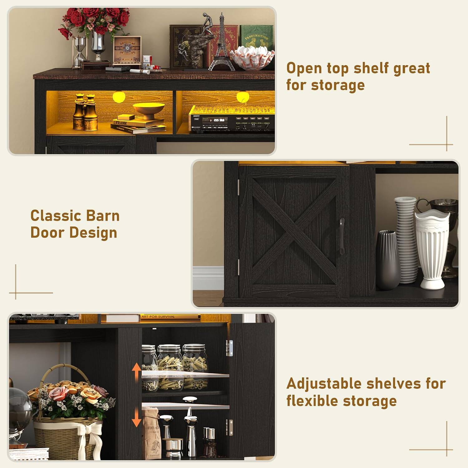 Classic Barn Door Design

Open top shelf great for storage

Adjustable shelves for flexible storage