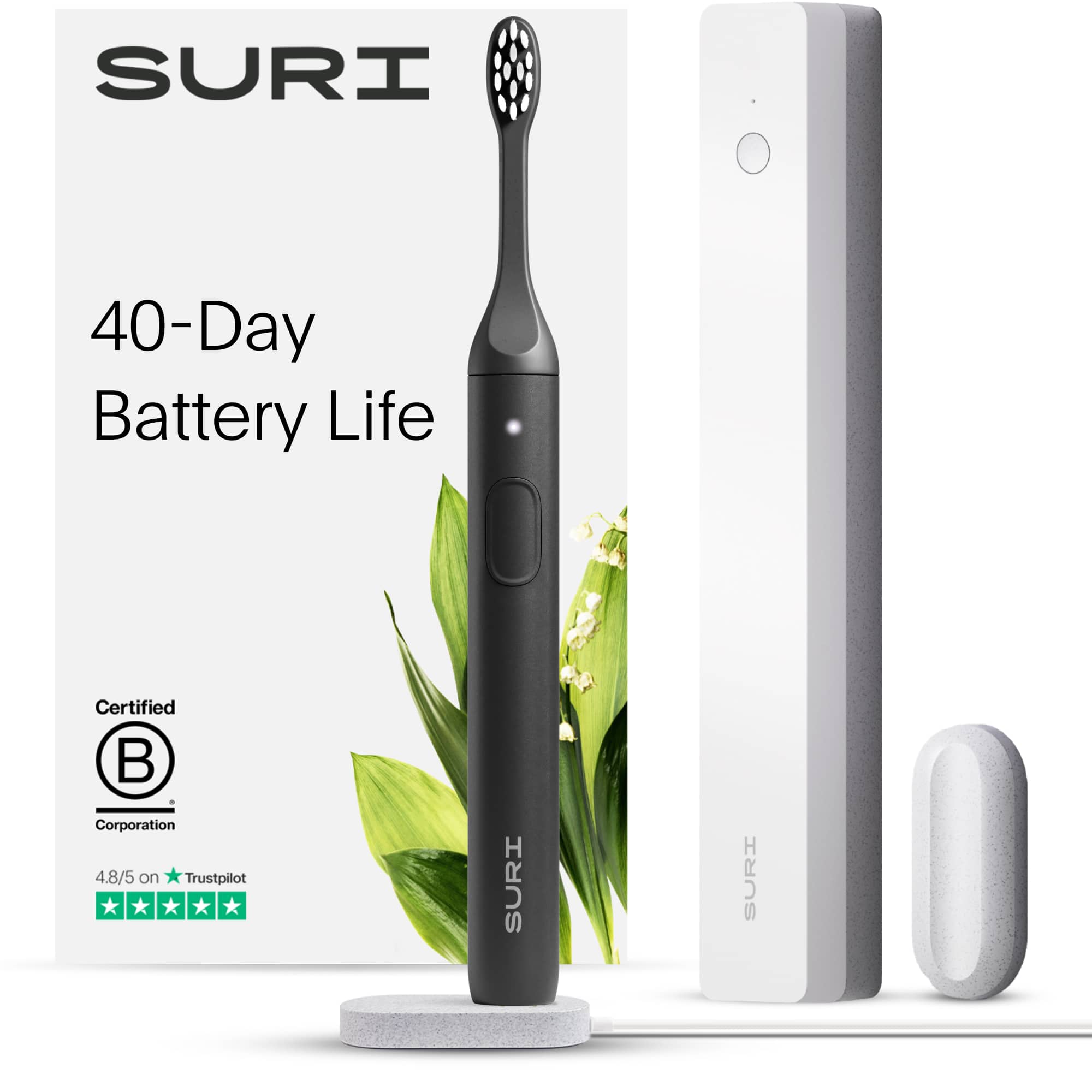 SURI - Midnight Brush with UV Light Cleaning and Charging Case and Mirror Mount - Black