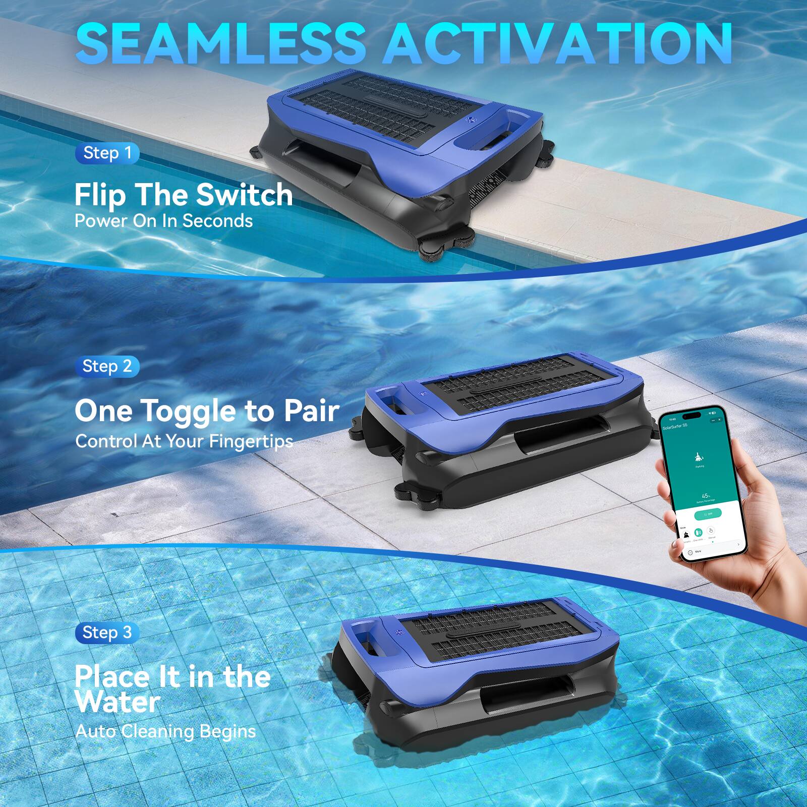 SEAMLESS ACTIVATION

Step 1  
Flip The Switch  
Power On In Seconds

Step 2  
One Toggle to Pair  
Control At Your Fingertips

Step 3  
Place It in the Water  
Auto Cleaning Begins