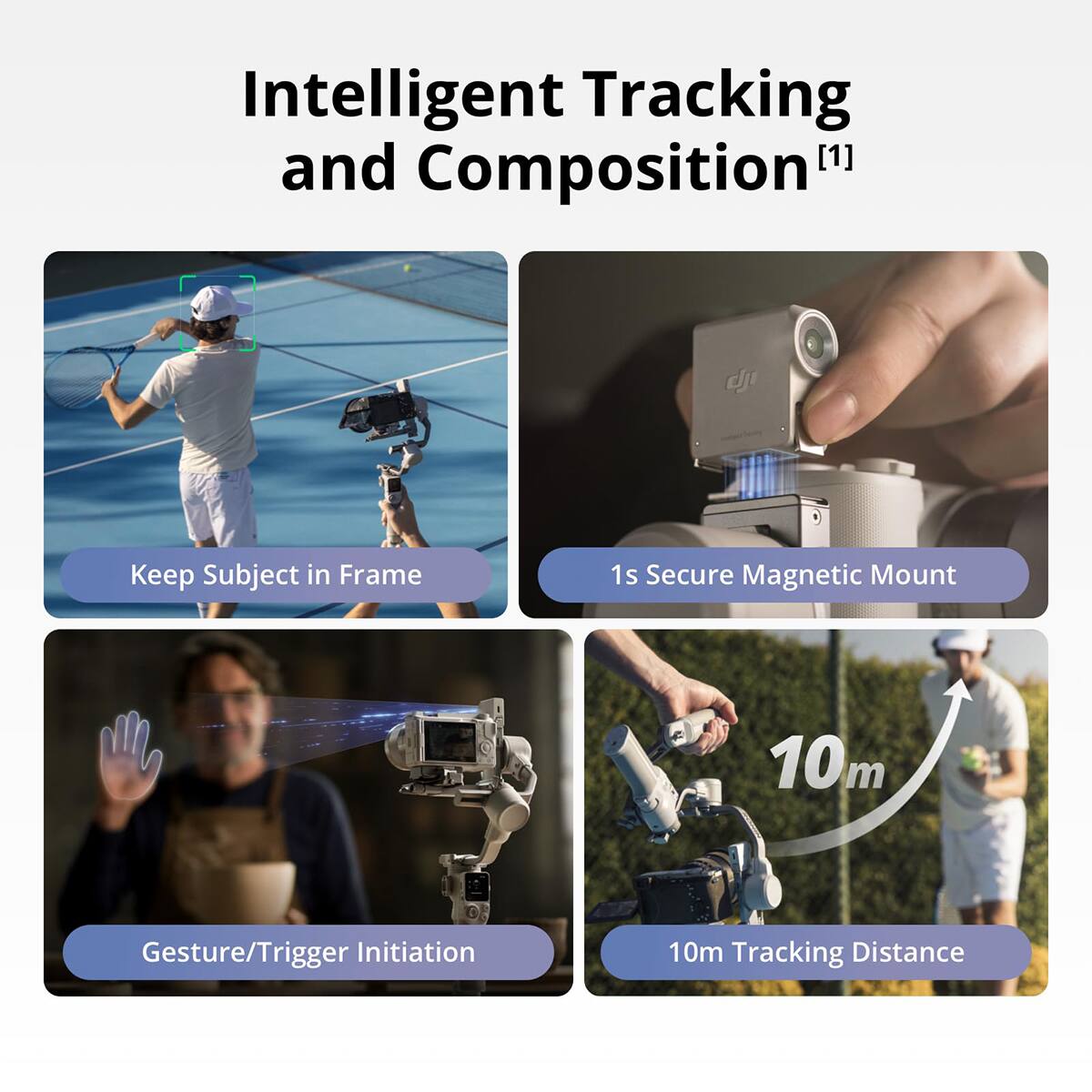 Intelligent Tracking and Composition [1]  
Keep Subject in Frame  
1s Secure Magnetic Mount  
Gesture/Trigger Initiation  
10m Tracking Distance