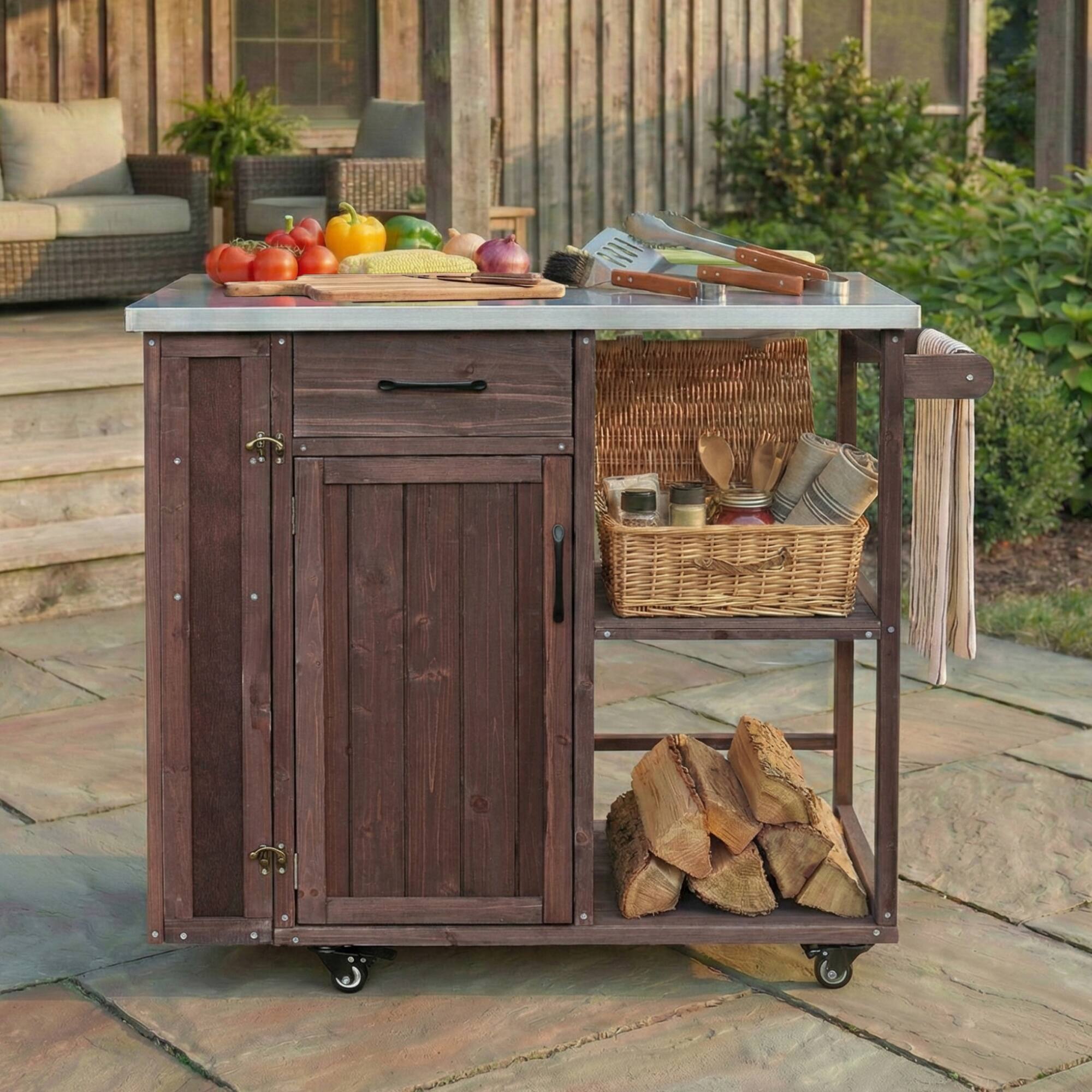 Angle. Anysun - Fir Wood Outdoor Kitchen Island Cart with Stainless Top - Lockable, Ample Storage, Towel & Spice Racks for Patio..