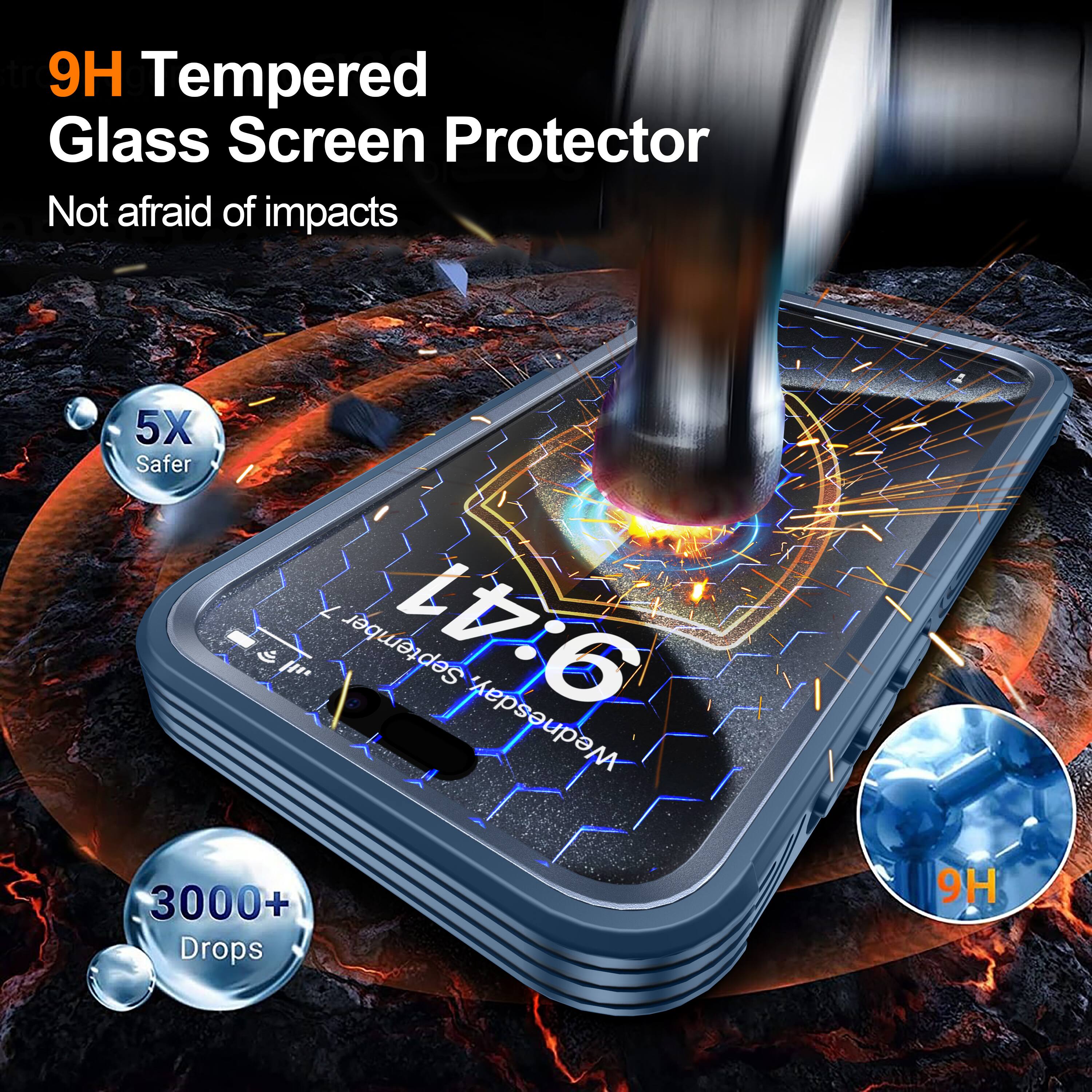 9H Tempered Glass Screen Protector  
Not afraid of impacts  
5X Safer  
3000+ Drops  
9H