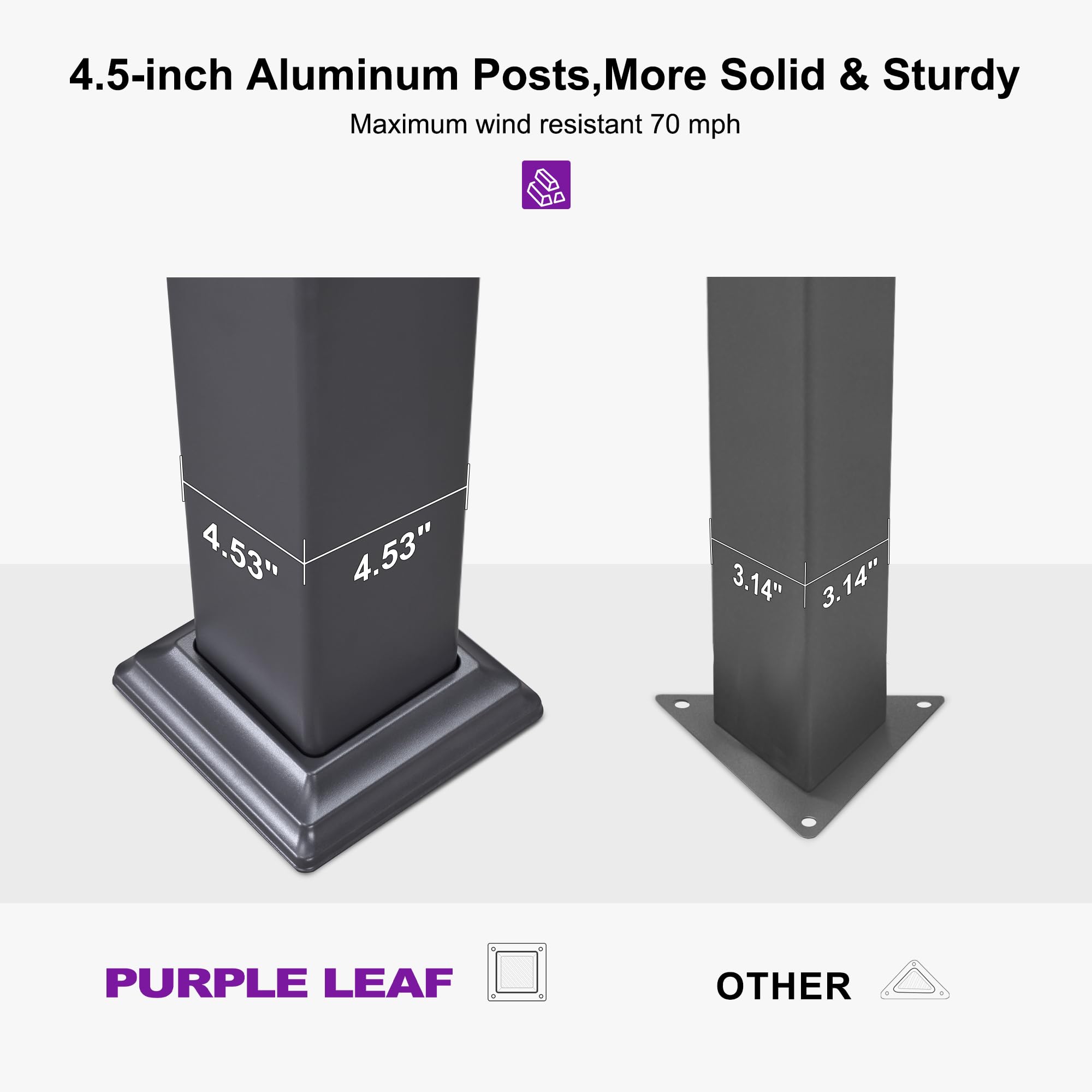 4.5-inch Aluminum Posts, More Solid & Sturdy  
Maximum wind resistant 70 mph  

4.53"  
4.53"  
3.14"  
3.14"  

PURPLE LEAF  
OTHER