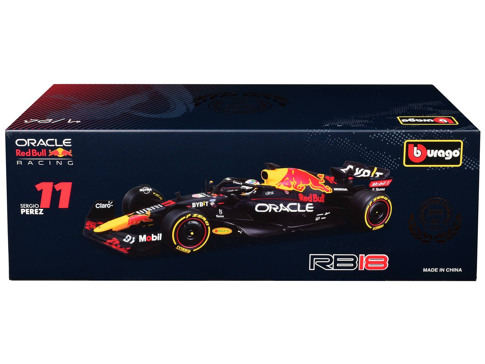 ORACLE Red Bull RACING  
SERGIO PEREZ  
11  
Claro-  
BYBIT  
Mobil 1  
HONDA  
Tezos  
Red Bull  
ORACLE  
RB18  
MADE IN CHINA