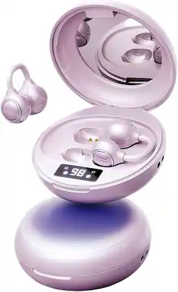 SKRAN - Open Ear Wireless Earbuds Bluetooth 5.4, Clip-On, Mini Mirror Charging Case, LED Display, Lightweight for Workouts - Purple