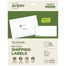 Avery - EcoFriendly Laser/Inkjet Shipping Labels, 2" x 4", 250 Labels/Pack - White