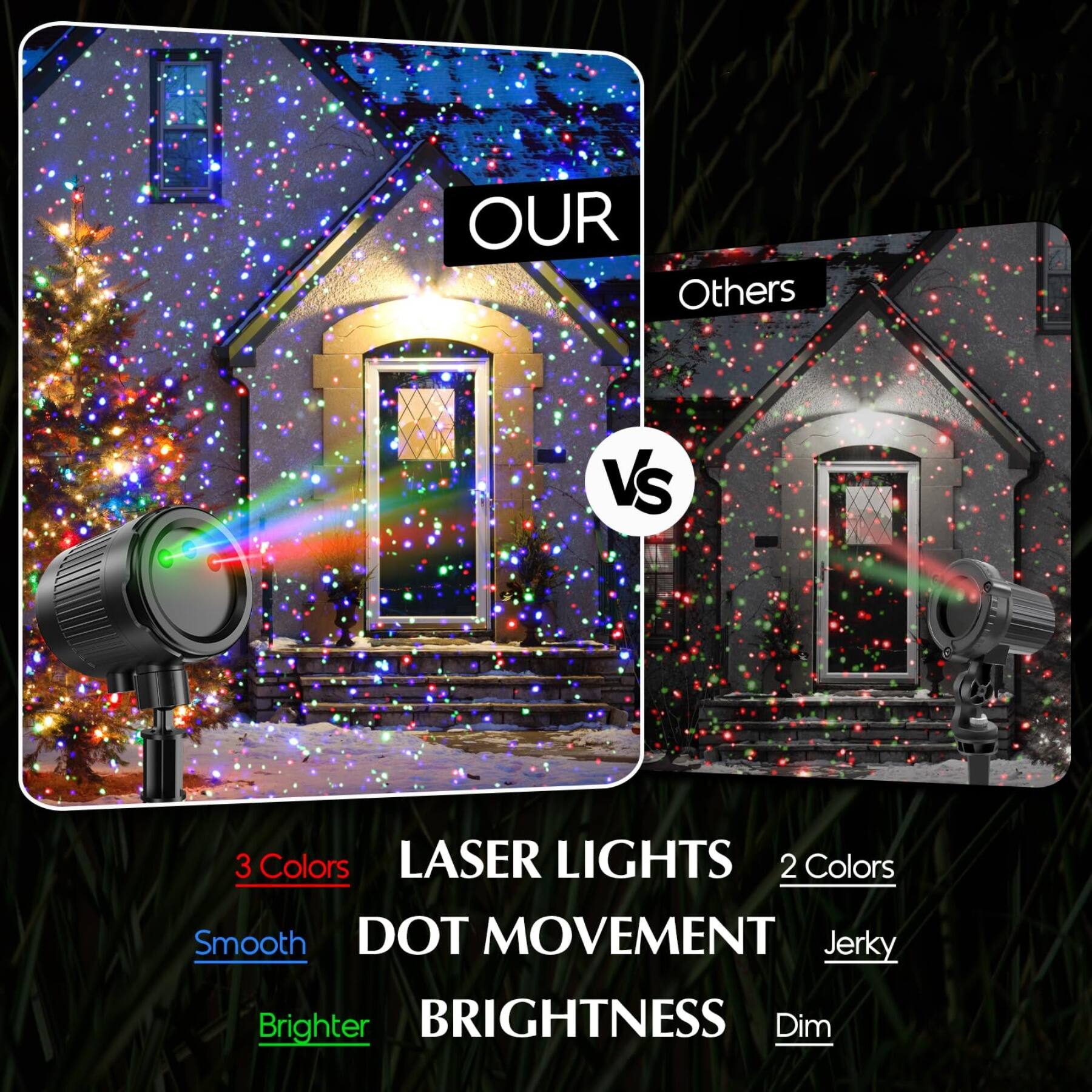 Dazzed Corner Christmas Projector Lights, RGB 3 Color Moving Firefly ...