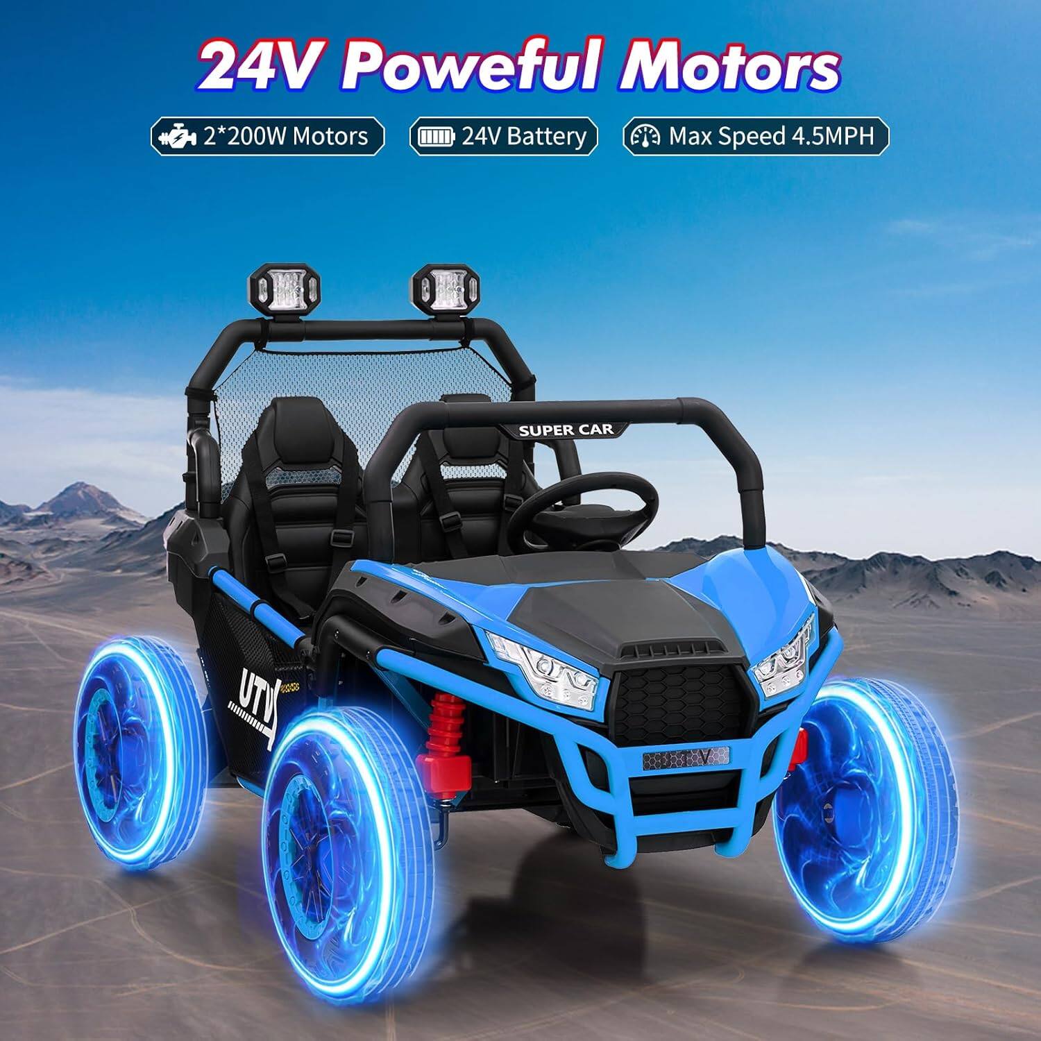 24V Powerful Motors  
2*200W Motors  
24V Battery  
Max Speed 4.5MPH  
SUPER CAR